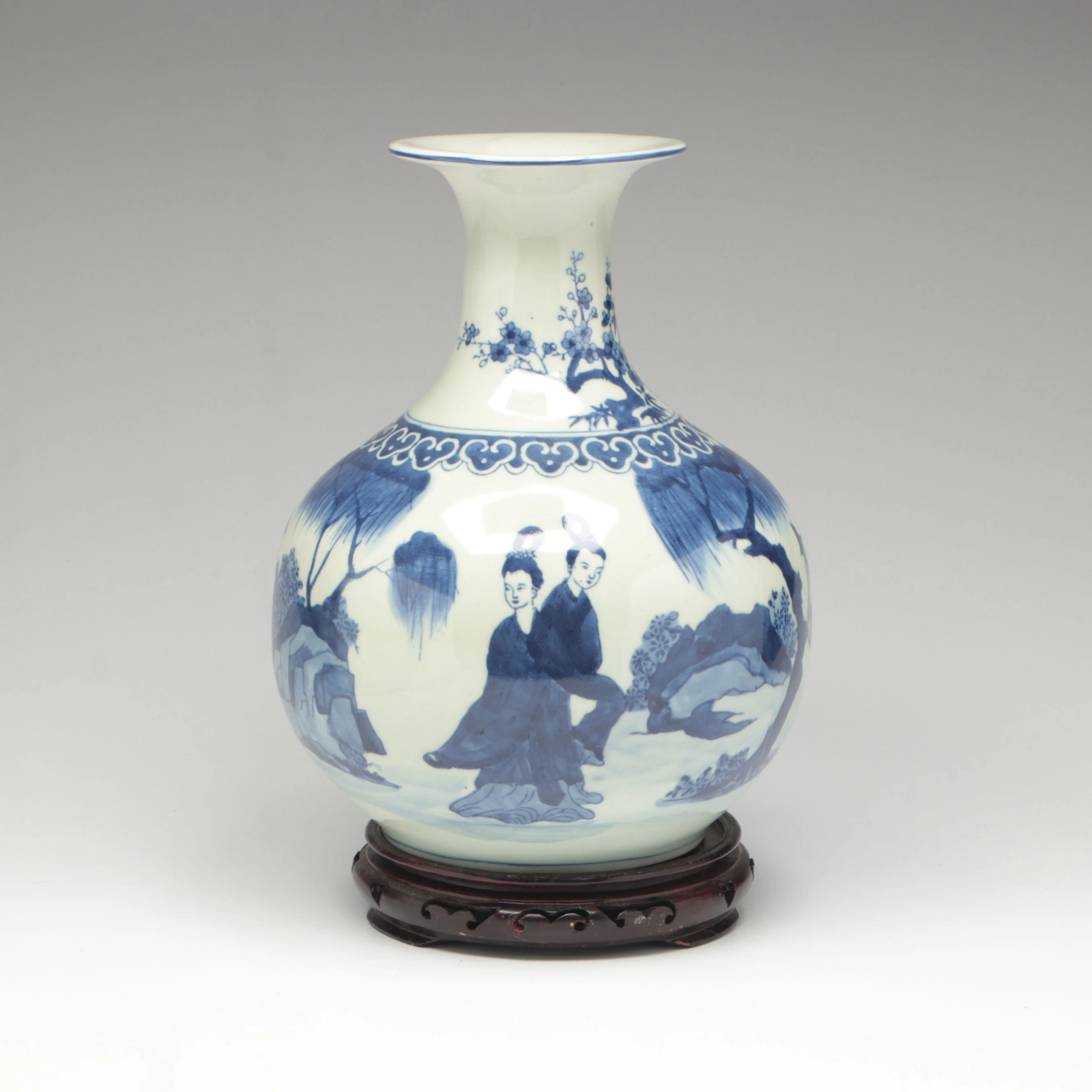 Chinese Pavilion Scene Porcelain Vase with Carved Wood Vase