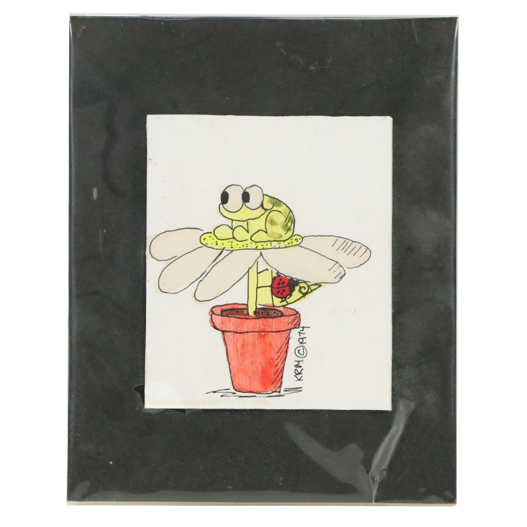 KRM Miniature Hand-Colored Ink Drawing of Frog on Potted Flower, 1974