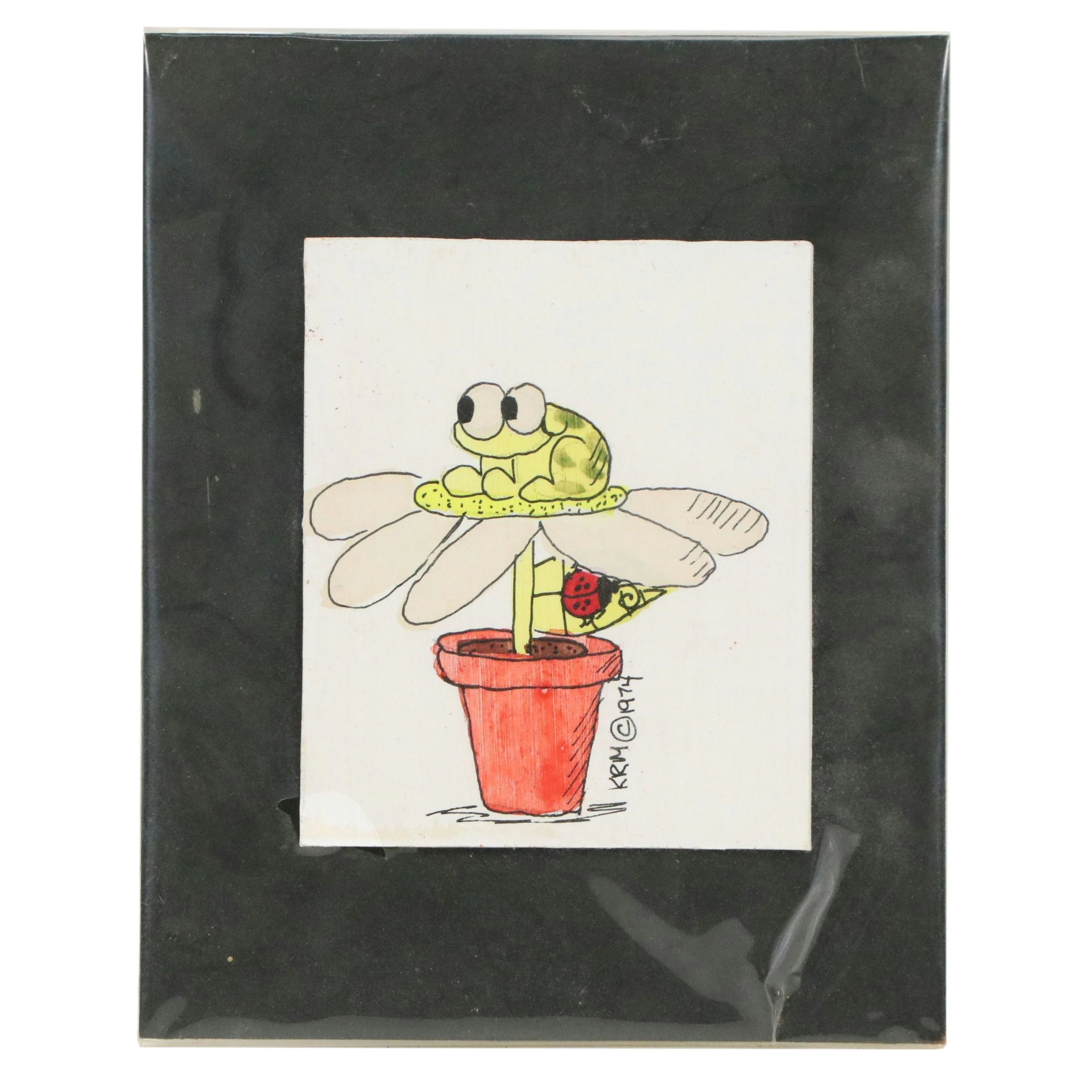 KRM Miniature Hand-Colored Ink Drawing of Frog on Potted Flower, 1974