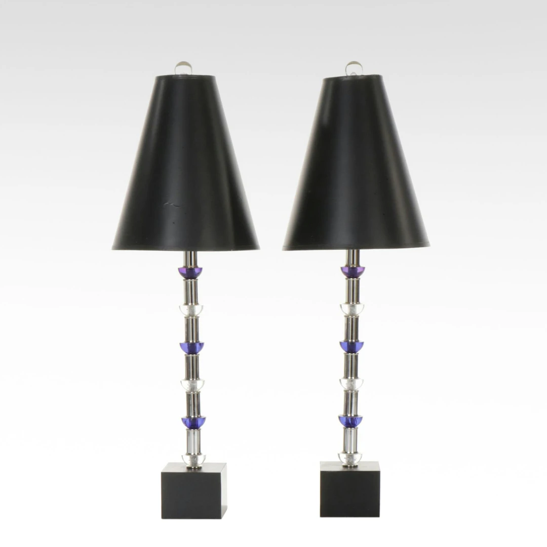 Pair of Chrome and Acrylic Ornamented Table Lamps
