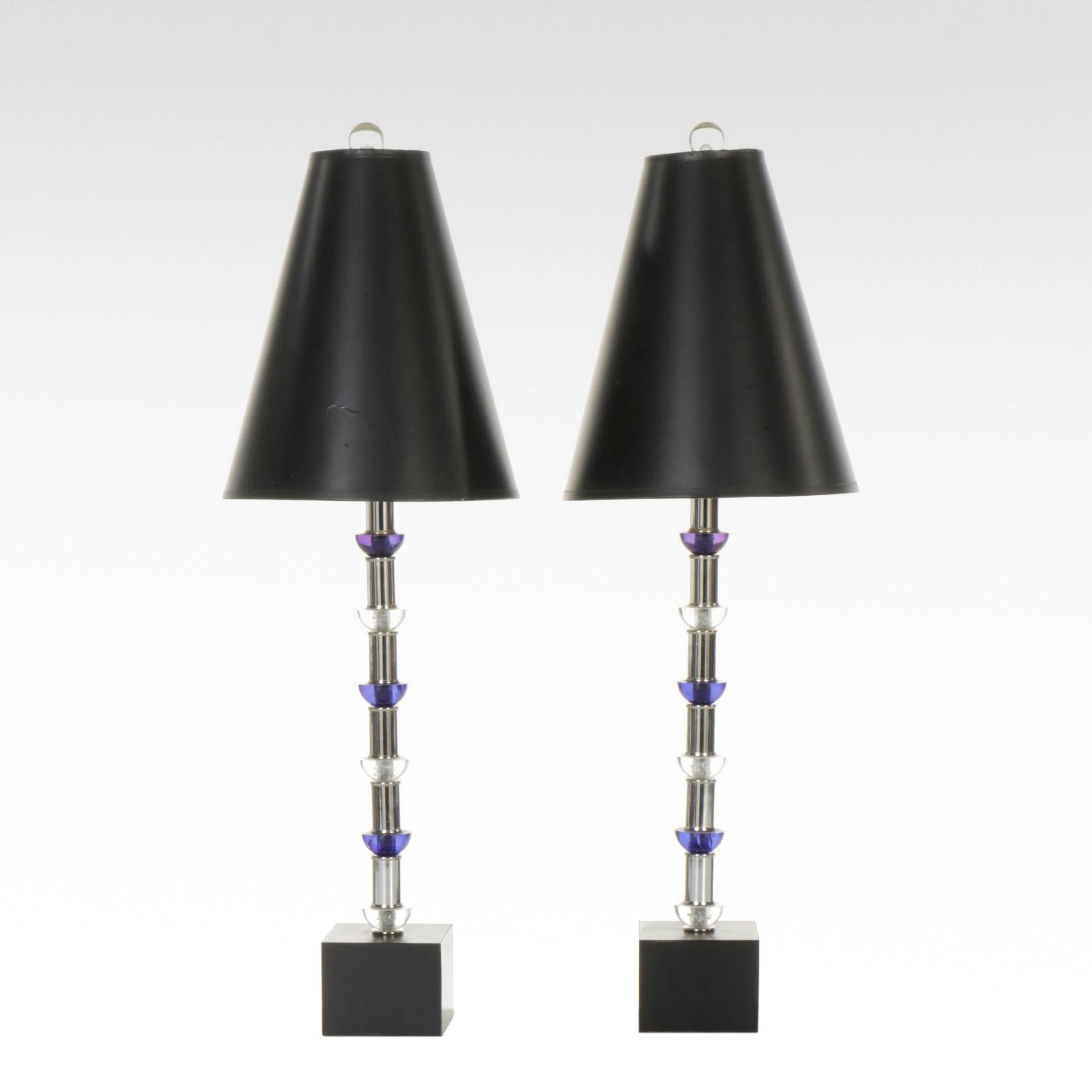 Pair of Chrome and Acrylic Ornamented Table Lamps