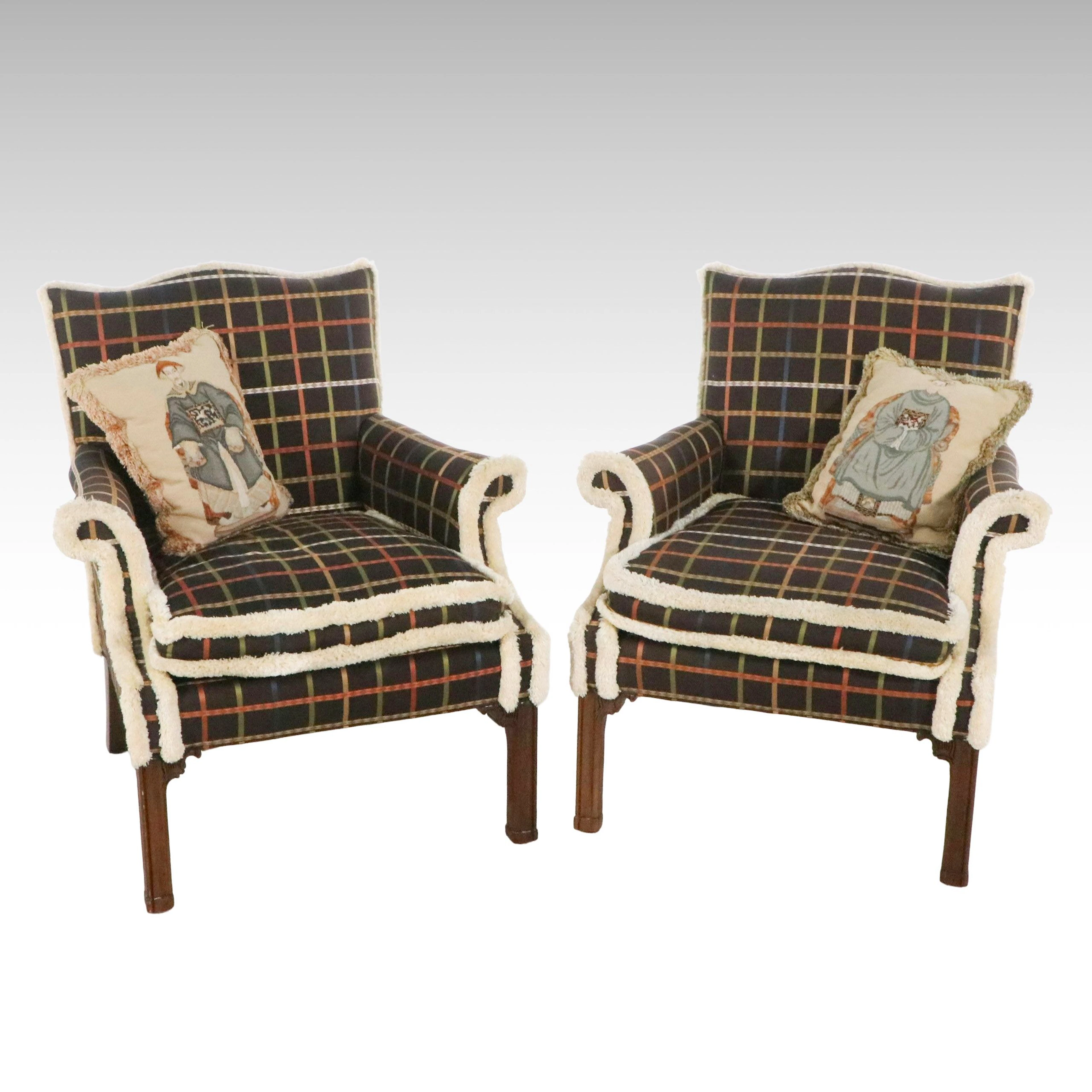 Pair of Country French Style Plaid Upholstered Armchairs, Late 20th Century