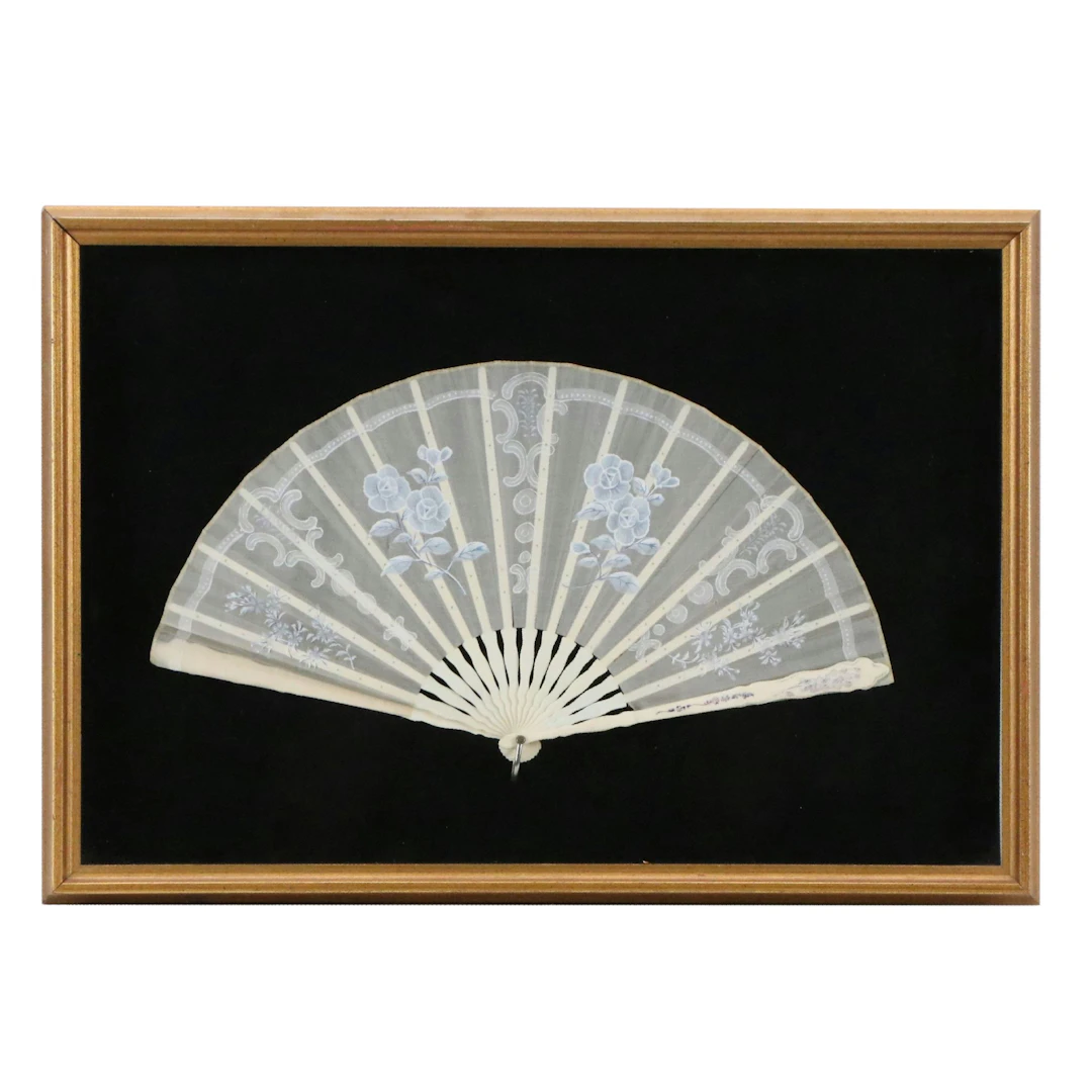 Hand-Painted Hand Fan in Shadowbox Frame, Mid to Late 20th Century