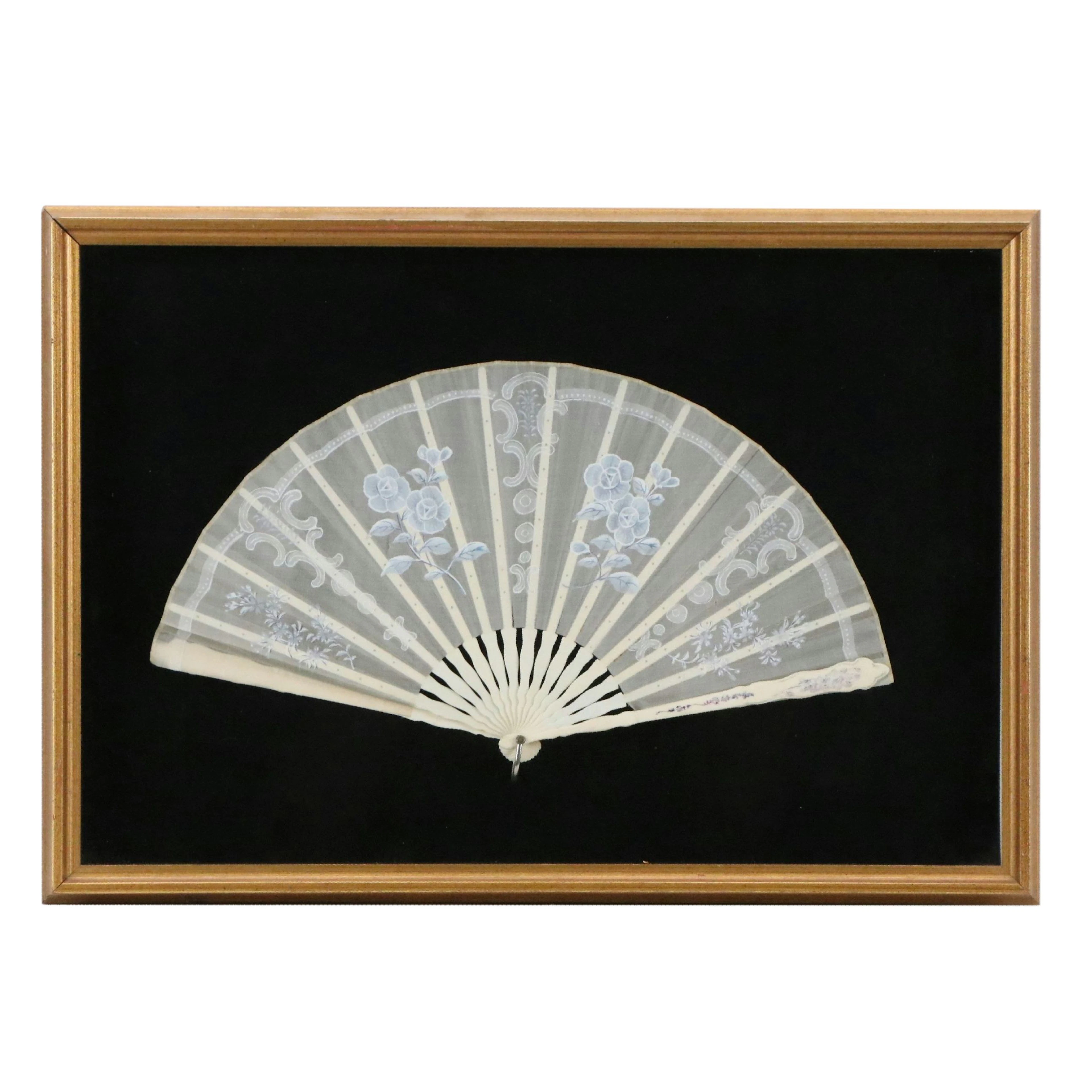 Hand-Painted Hand Fan in Shadowbox Frame, Mid to Late 20th Century