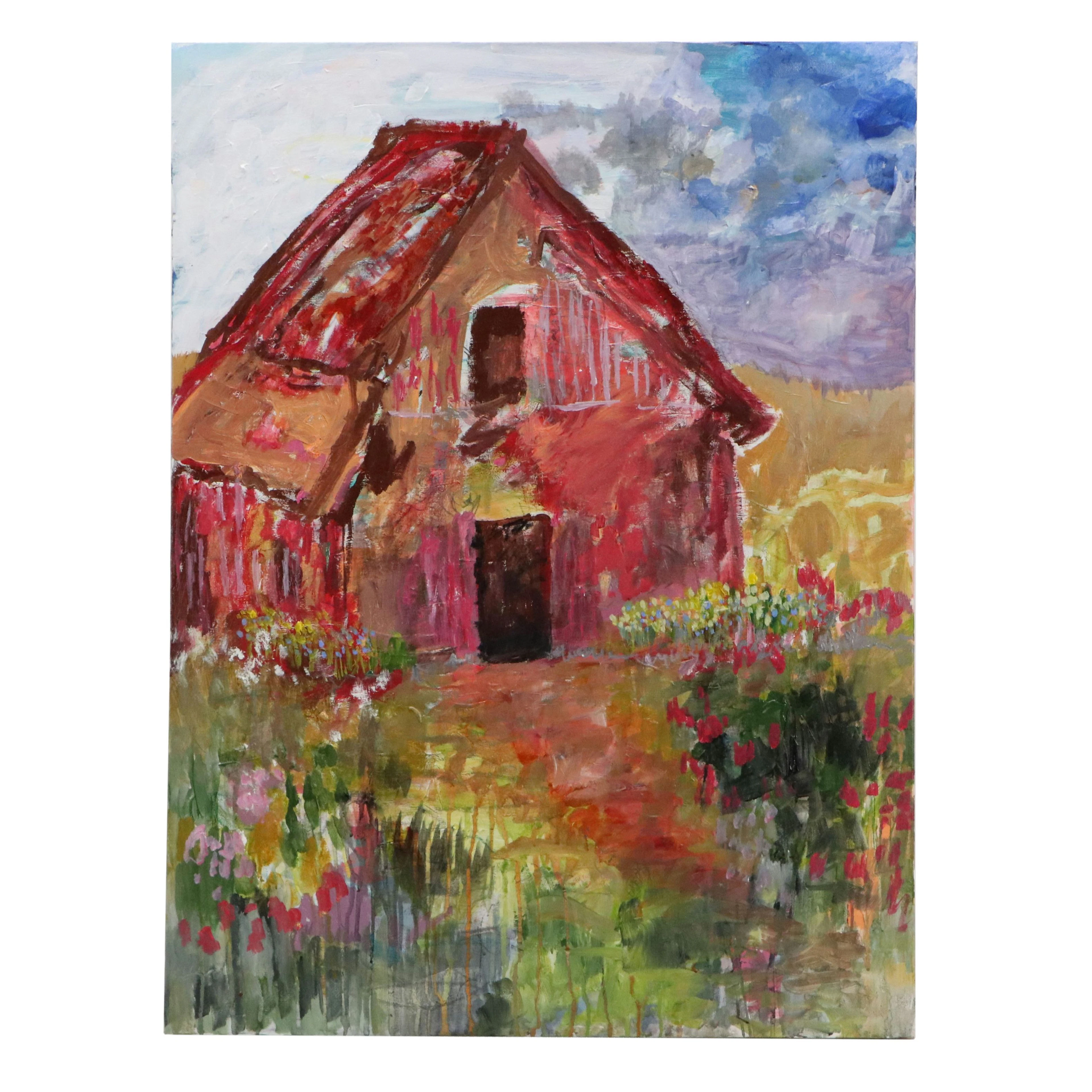 Kait Roberts Barn Landscape Acrylic Painting "Pressed in a book," 2023