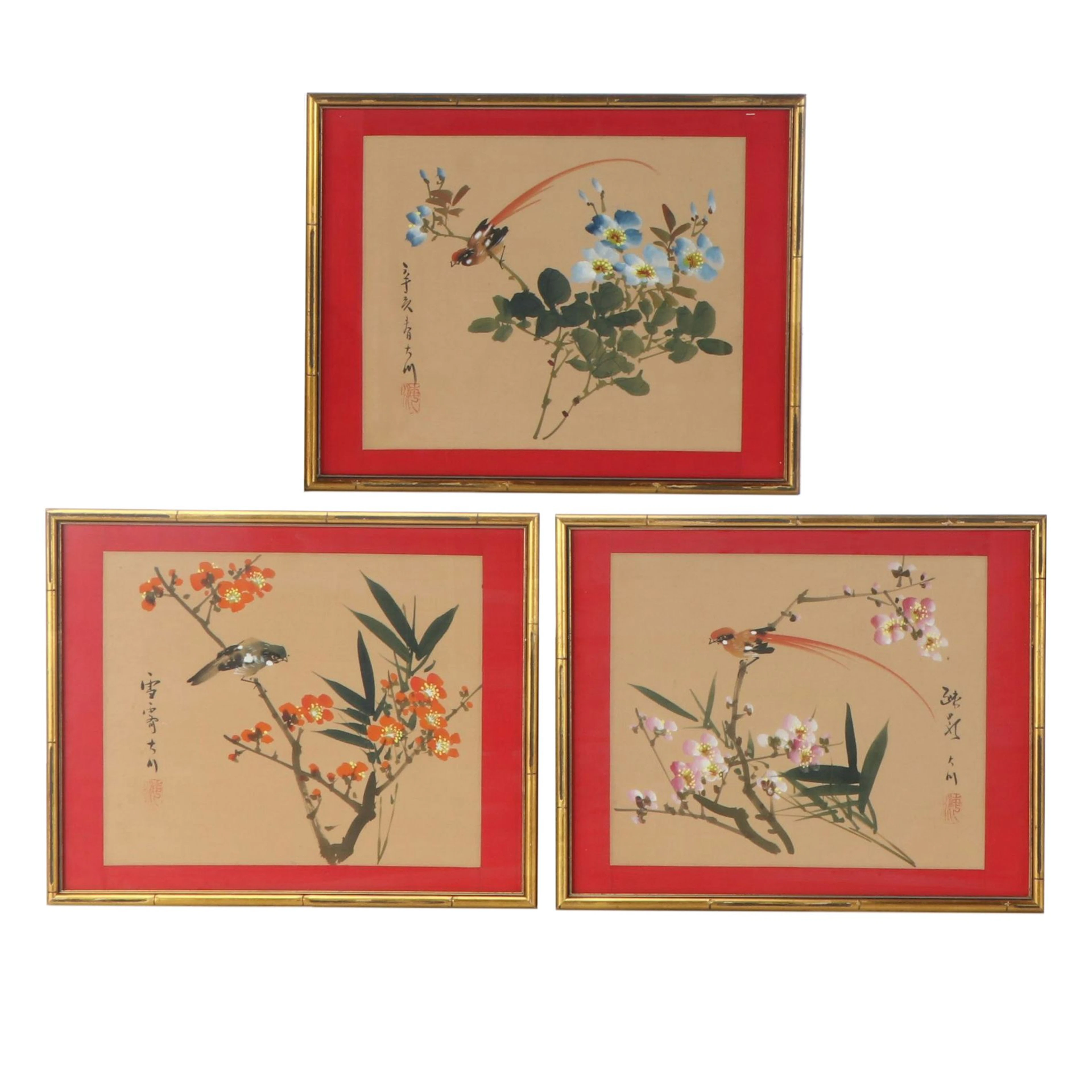 Chinese Ink and Gouache Paintings on Silk in Gilt Faux Bamboo Frames
