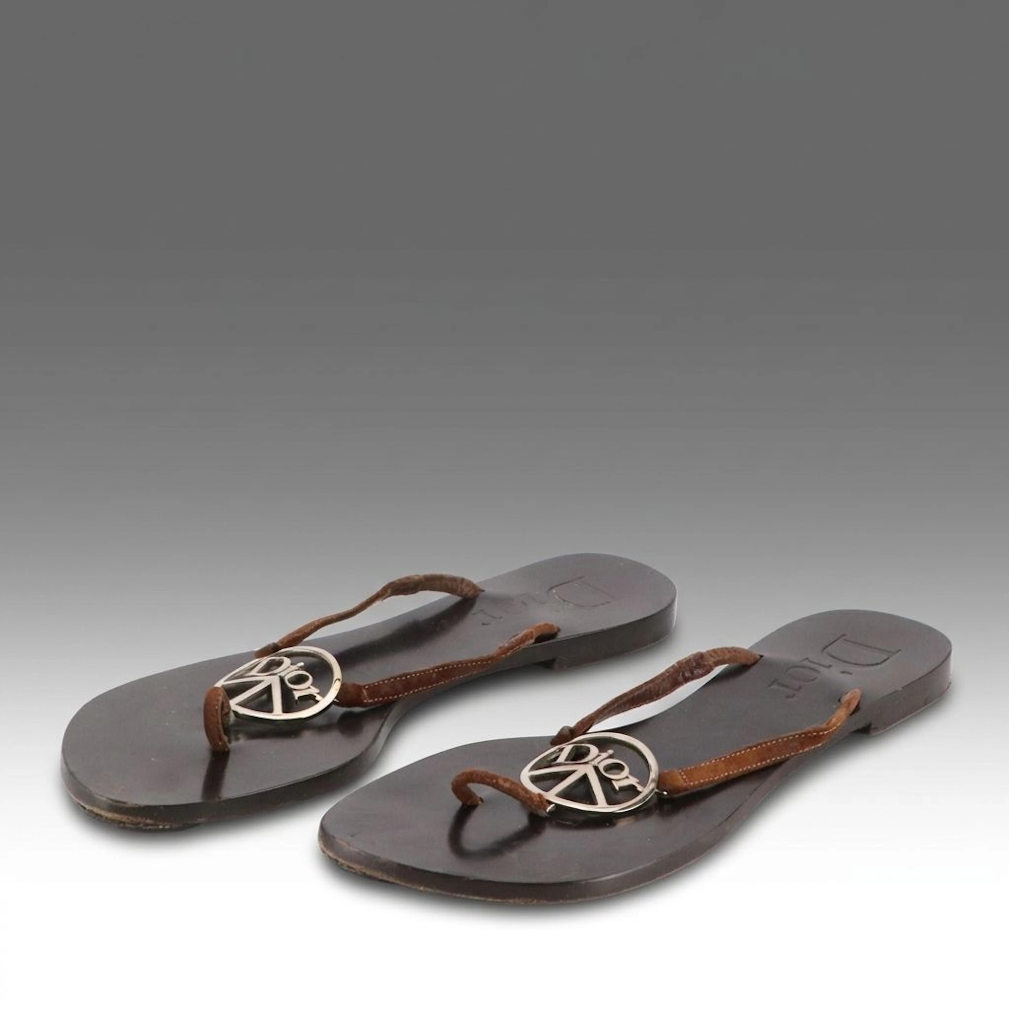 Christian Dior Logo Peace Charm Leather Flip-Flops
