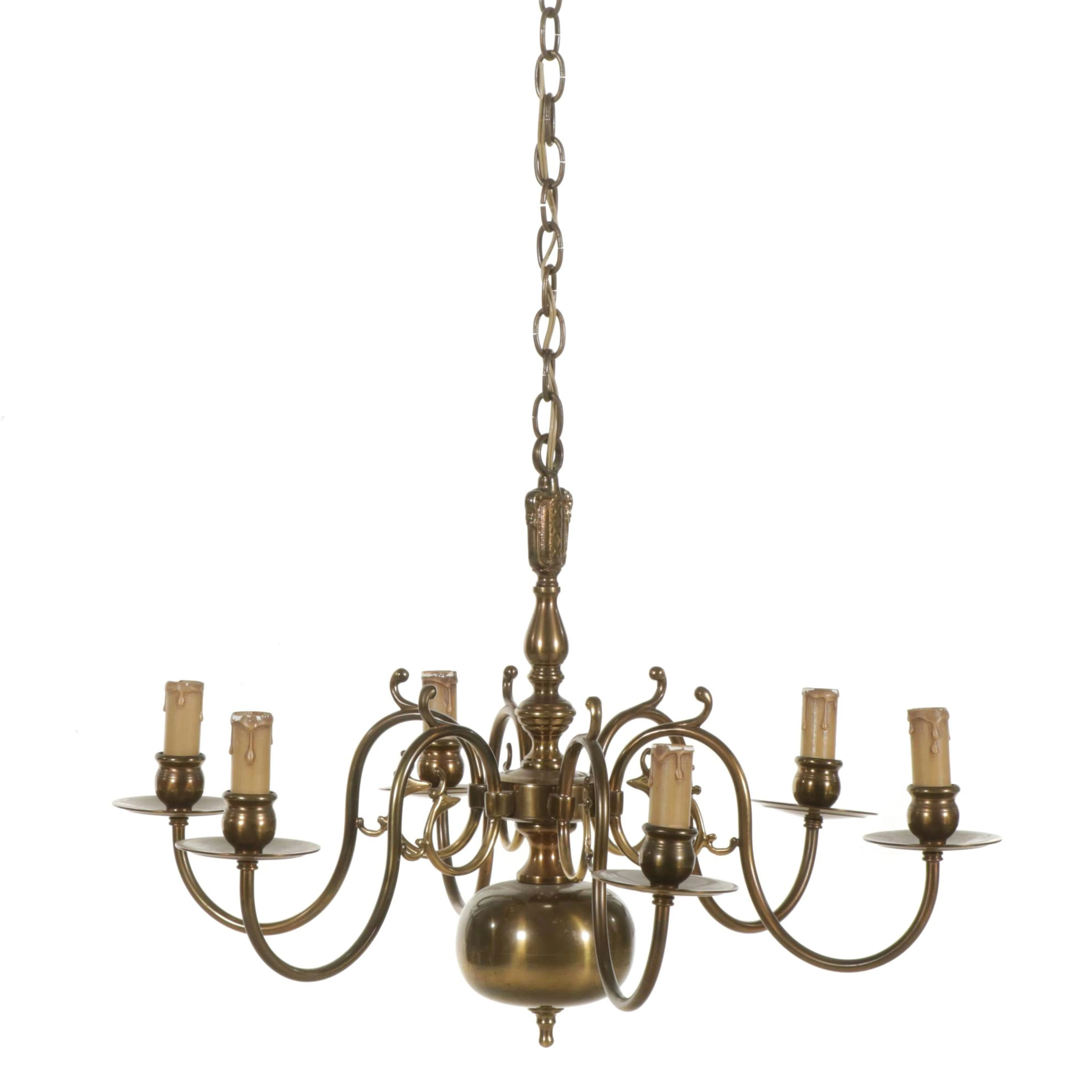 Colonial Style Brass Six-Light Chandelier