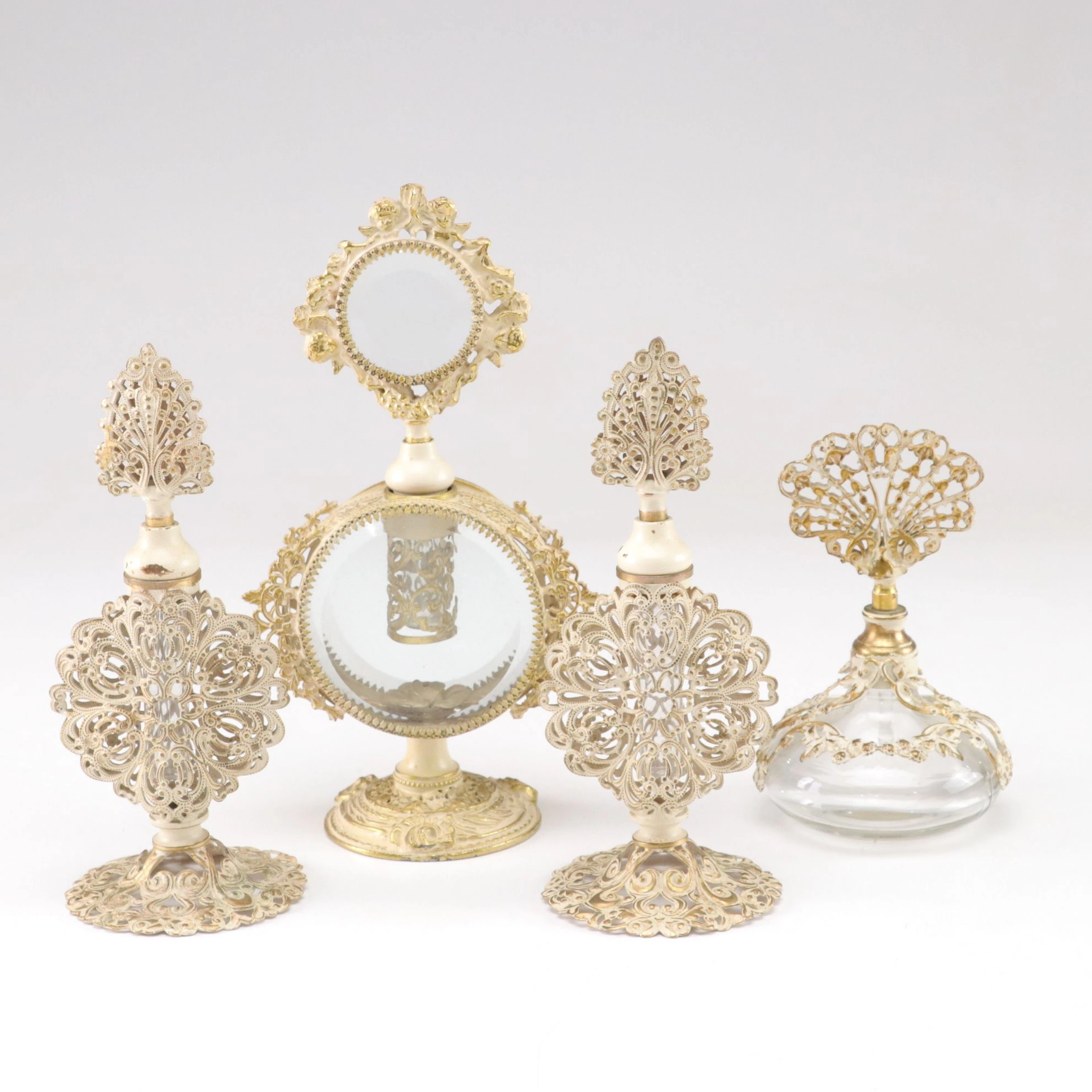 Rococo Style Ormolu Mount Filigree Glass Perfume Bottles