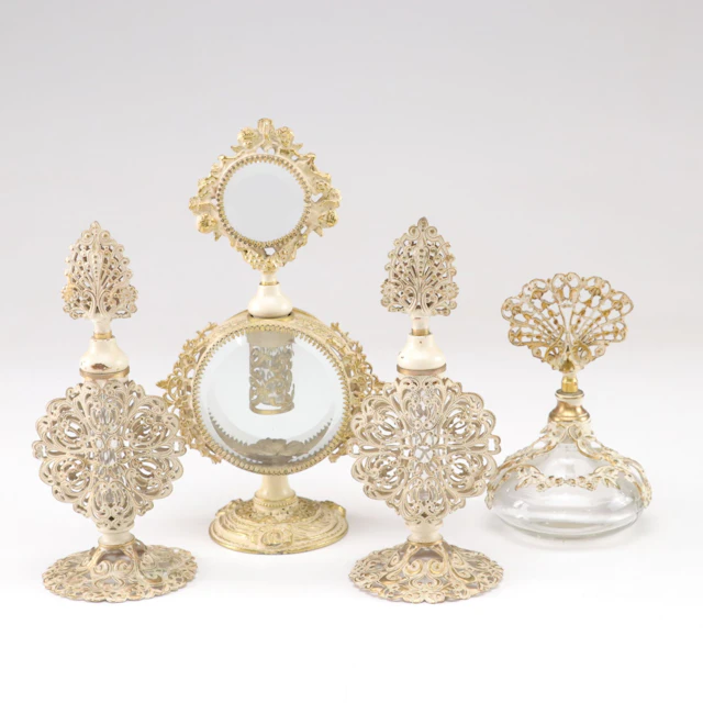 Rococo Style Ormolu Mount Filigree Glass Perfume Bottles