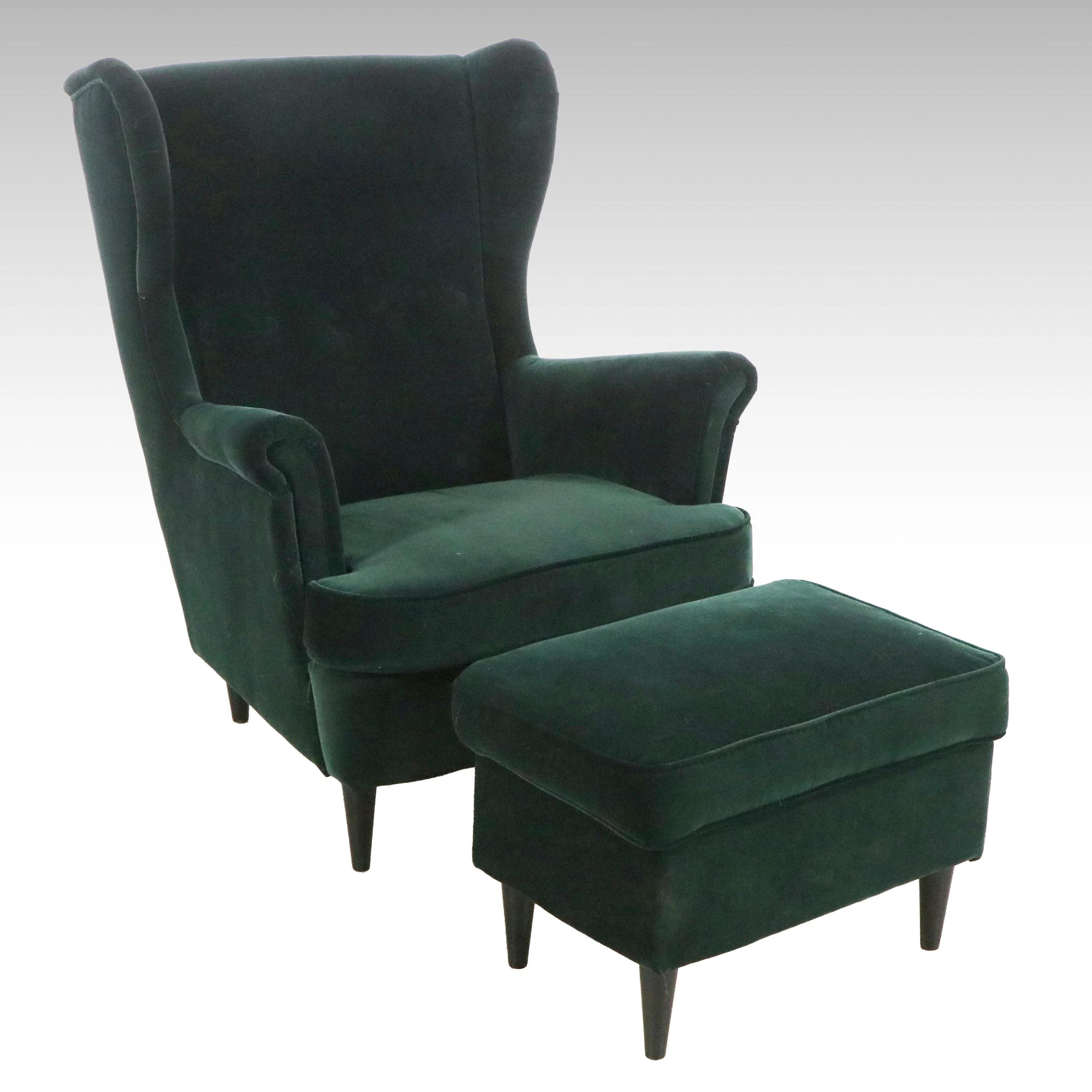 IKEA Dark Green Velvet Upholstered "Strandmon" Wingback and Matching Ottoman