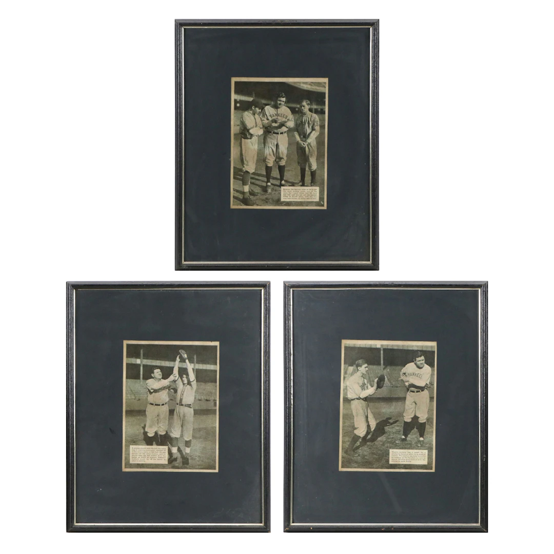 Three Vintage Framed Older Display Clippings of Babe Ruth