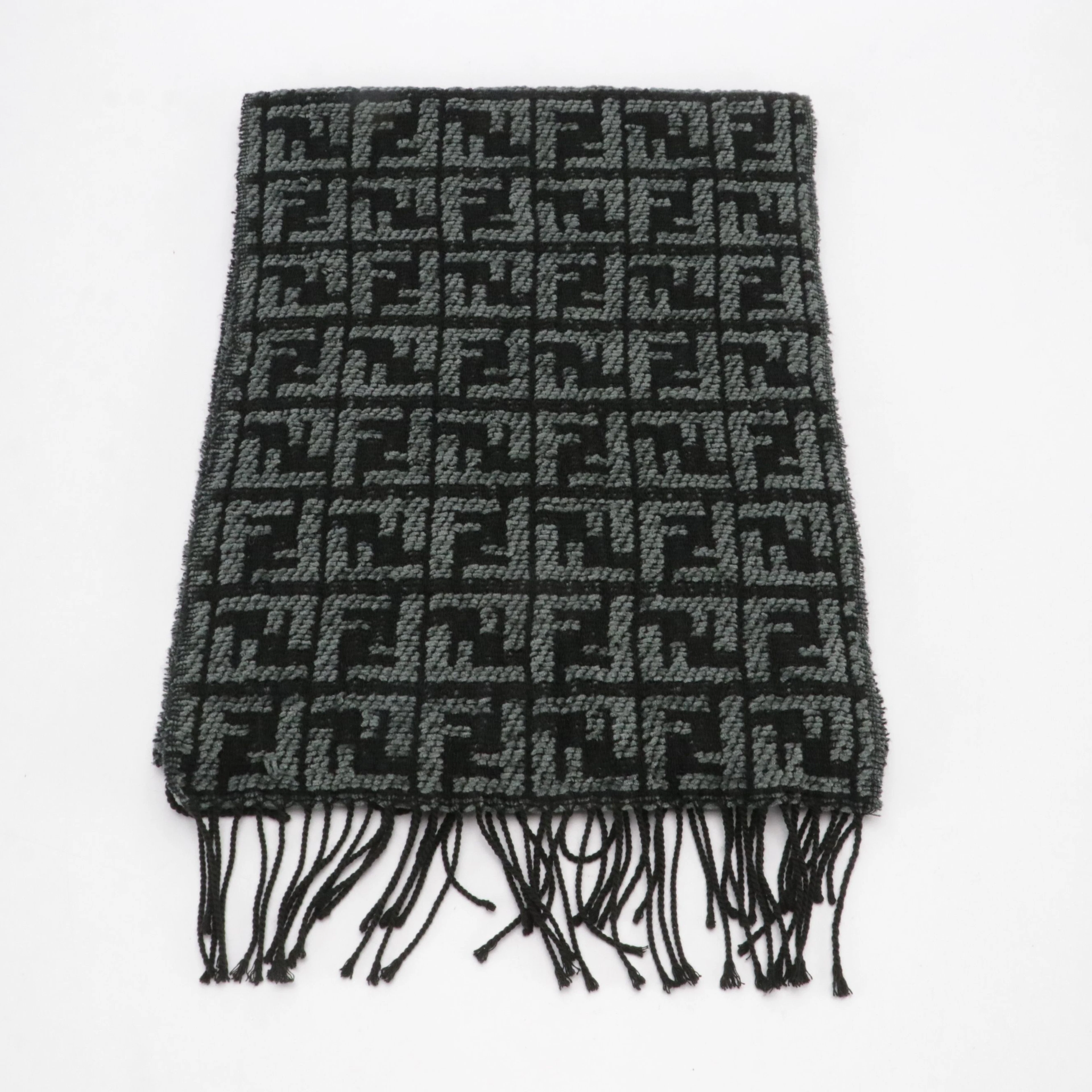 Fendi Cravatte Vintage Zucca Knit Acrylic Stretch Fringe Scarf