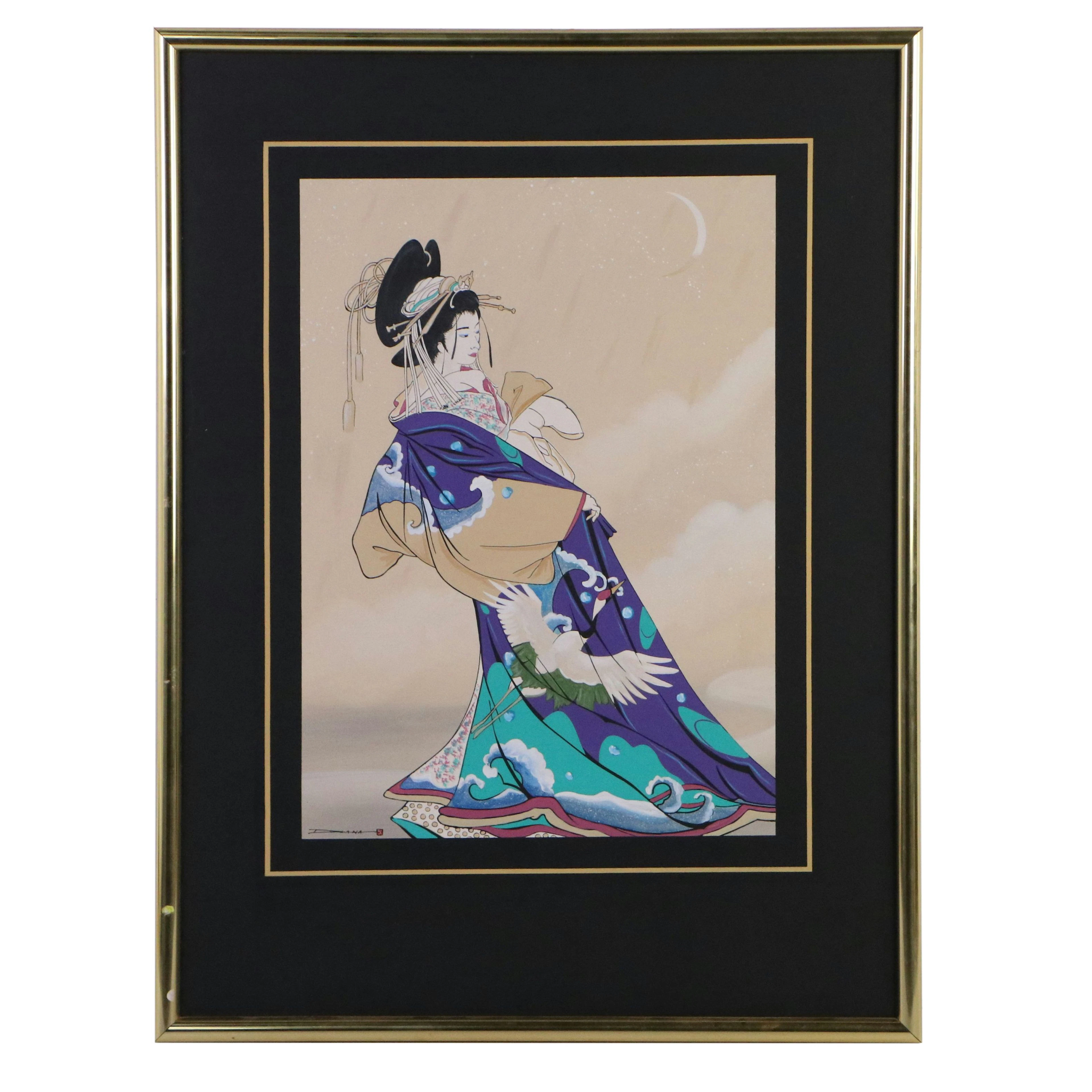 Embellished Screenprint of Woman in Traditional Japanese Costume, Late 20th C.