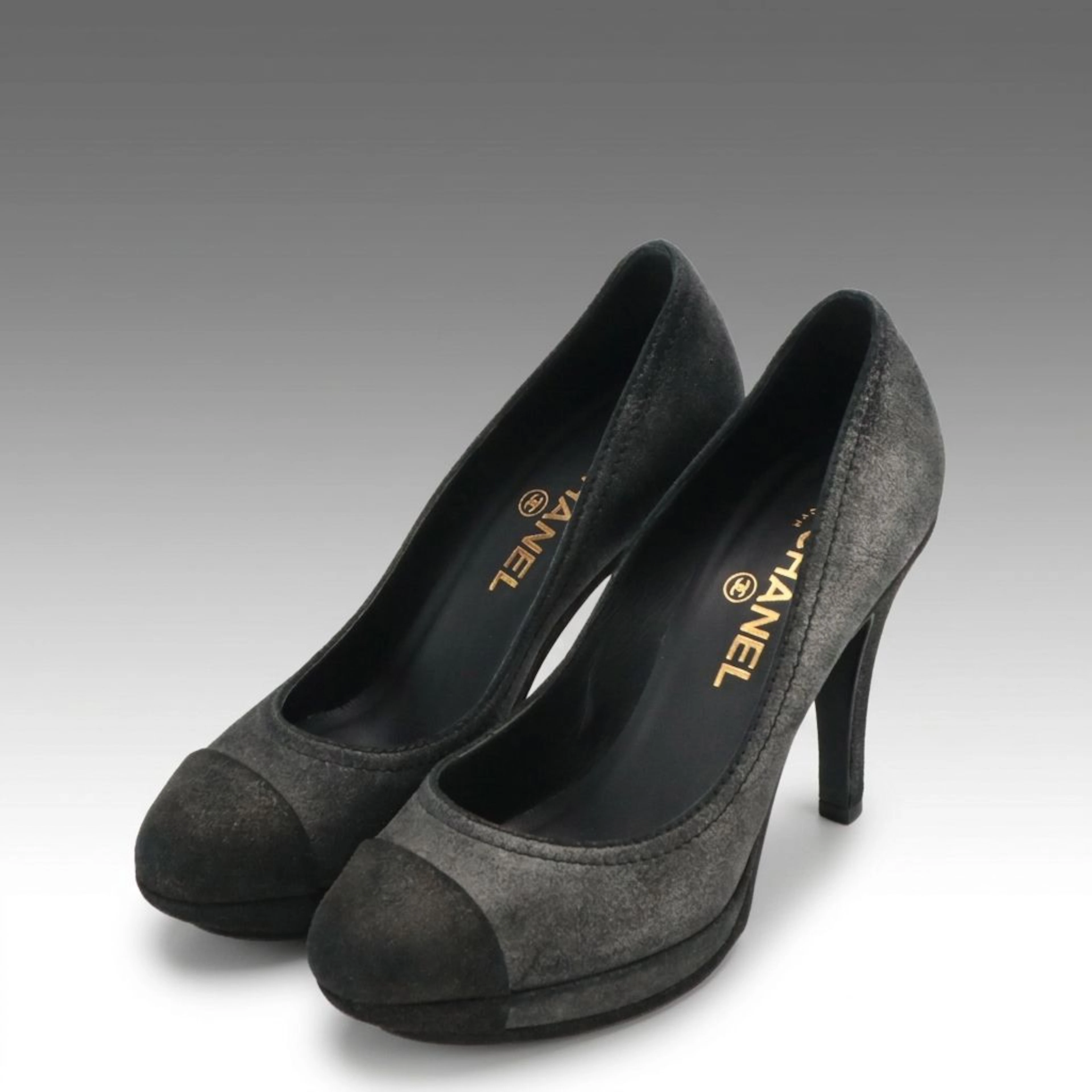 Chanel CC Cap Toe Platform Pumps in Metallic Suede