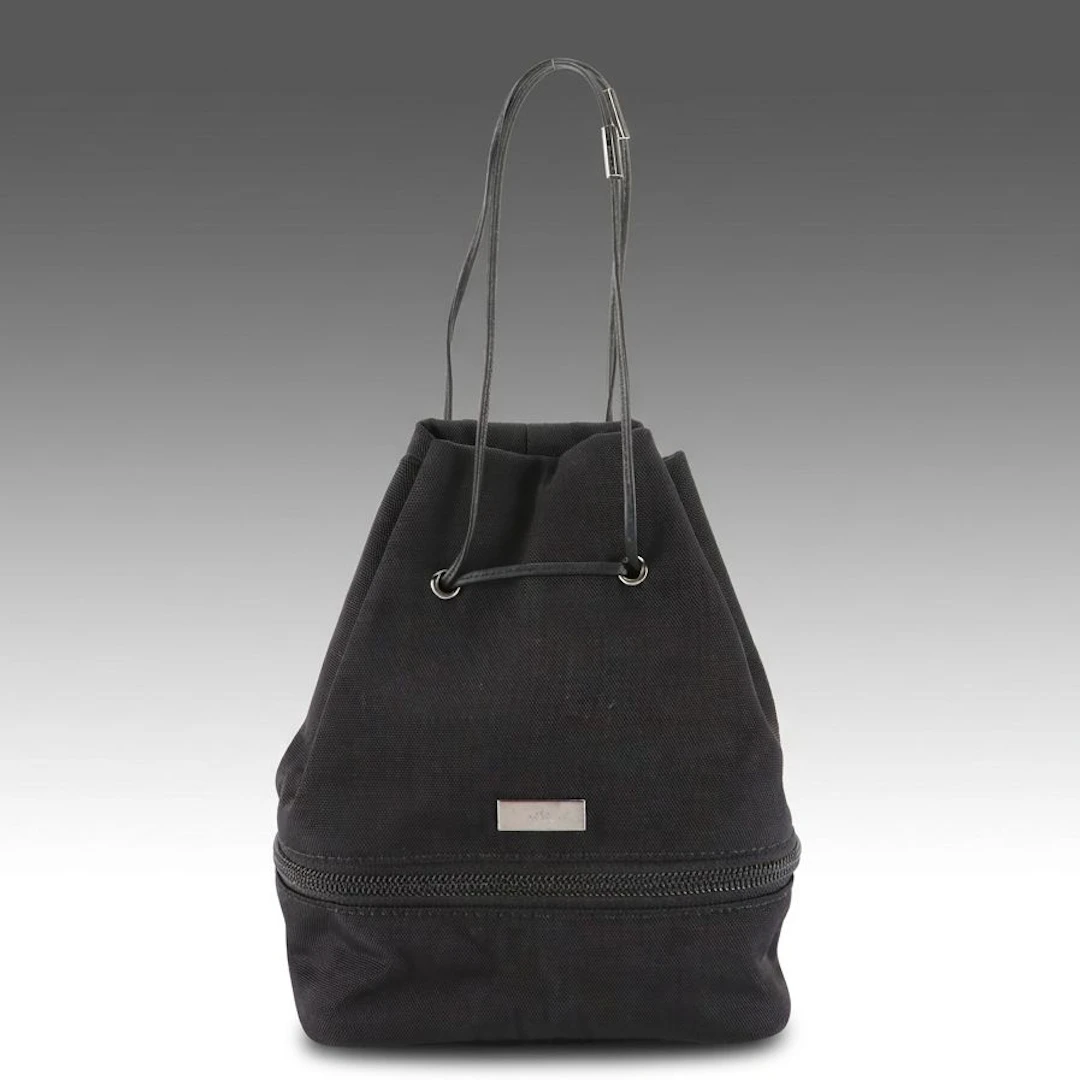 Gucci Mini Drawstring Bucket Bag in Black Nylon with Leather Trim
