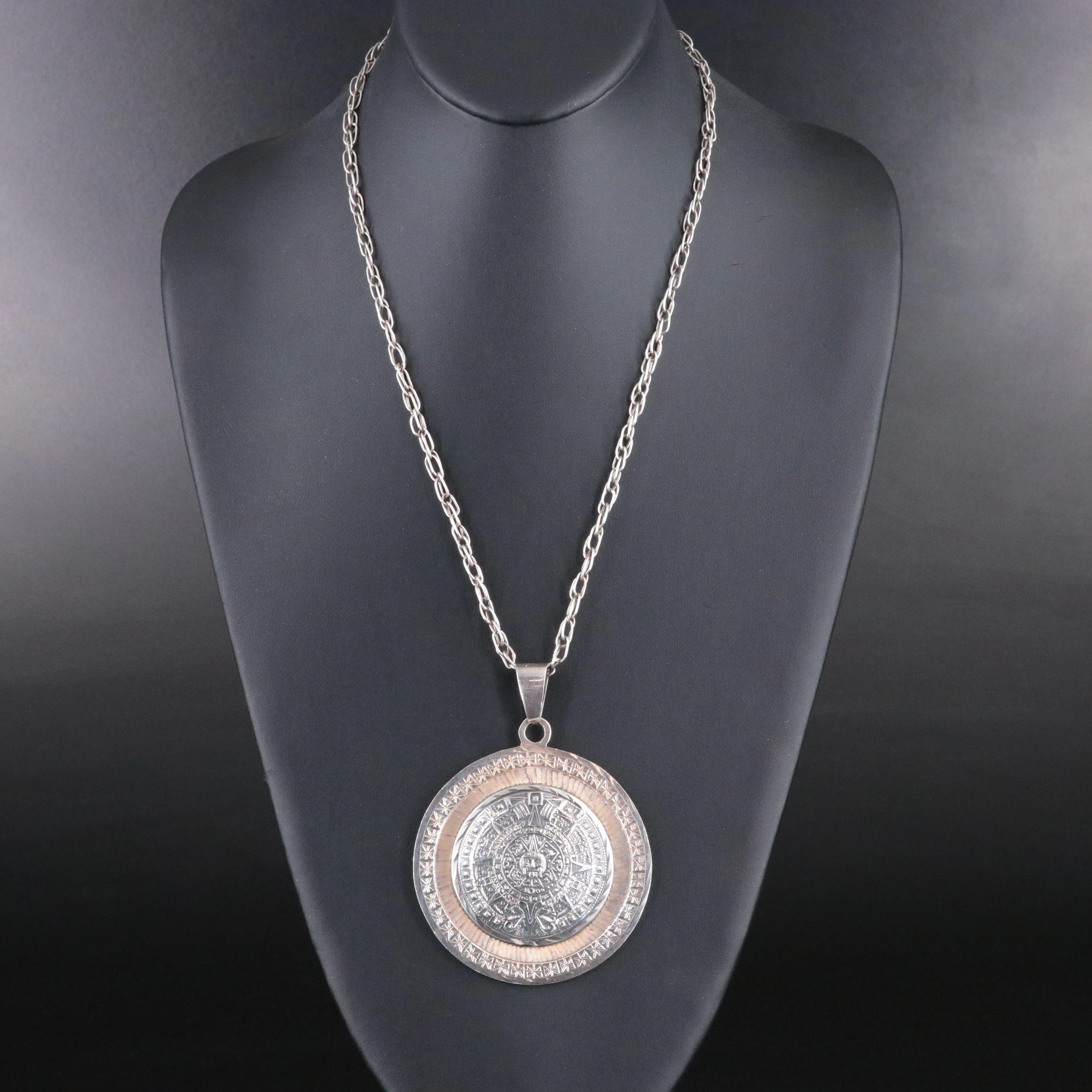 Mexican Sterling Aztec Calendar Pendant Necklace