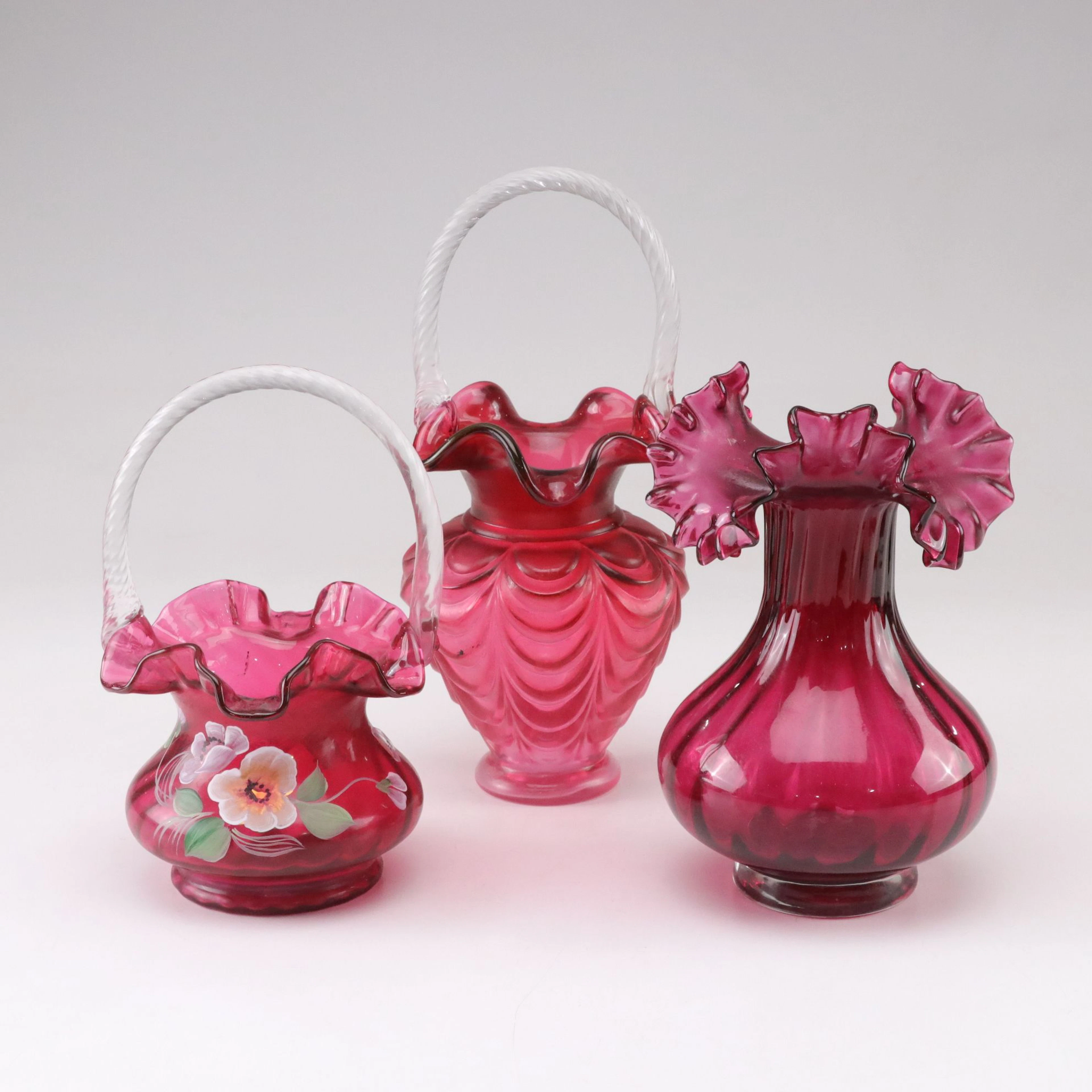 Fenton Hand Painted and Ruffled Edge Cranberry Art Glass Baskets and Vase