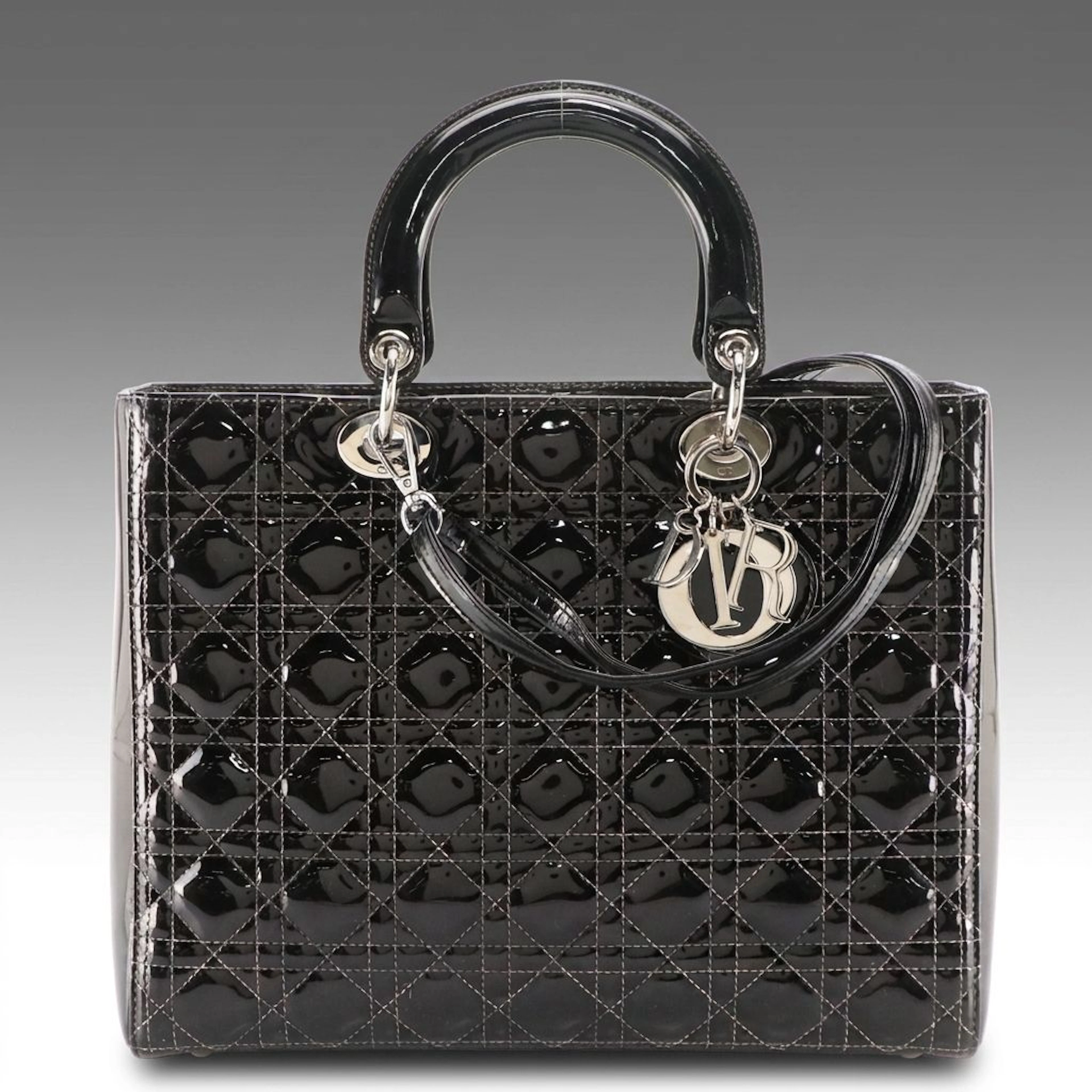 Christian Dior Large Lady Dior Handbag in Black Cannage Quilted Patent Leather