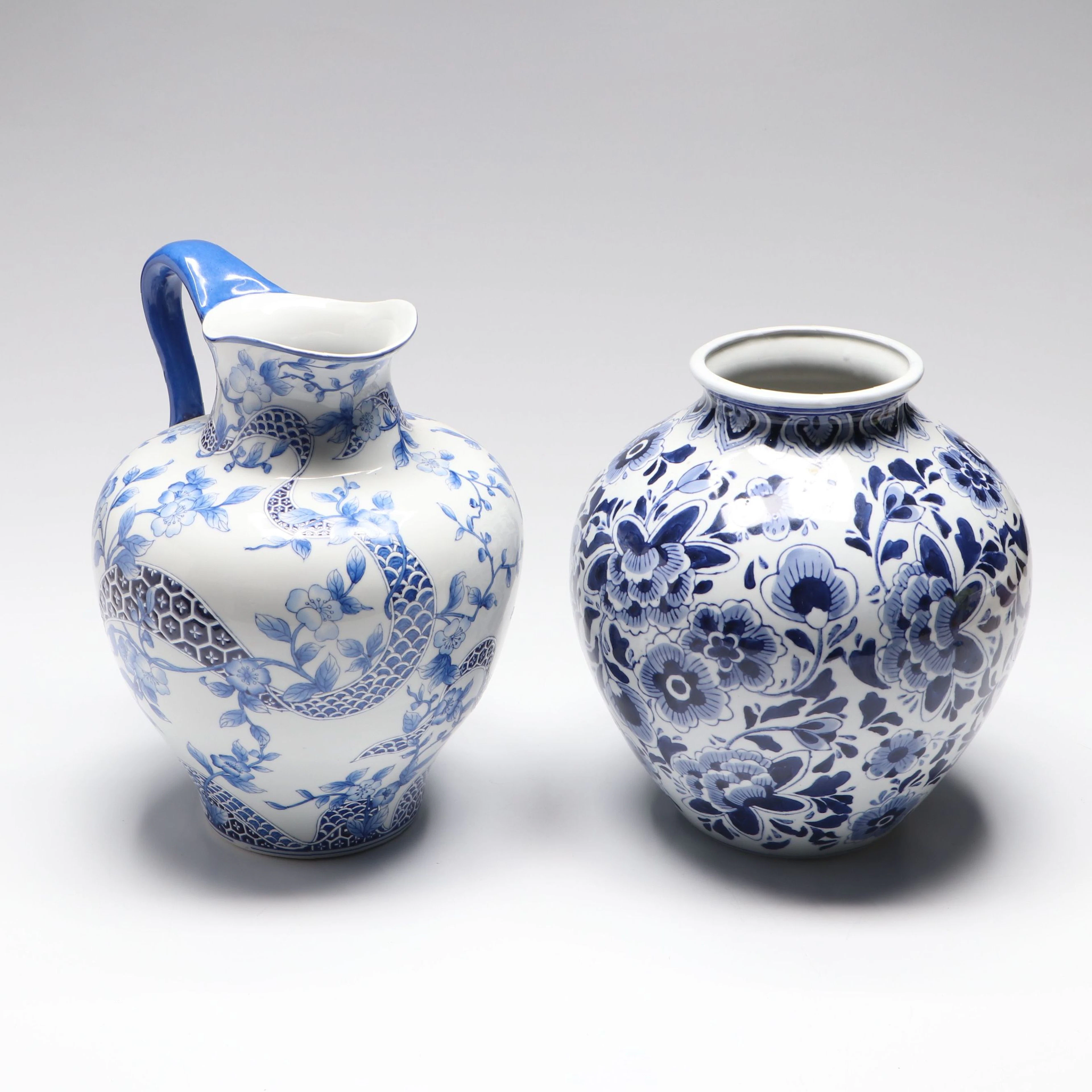 Chinese Blue on White Porcelain Pitcher and Vase