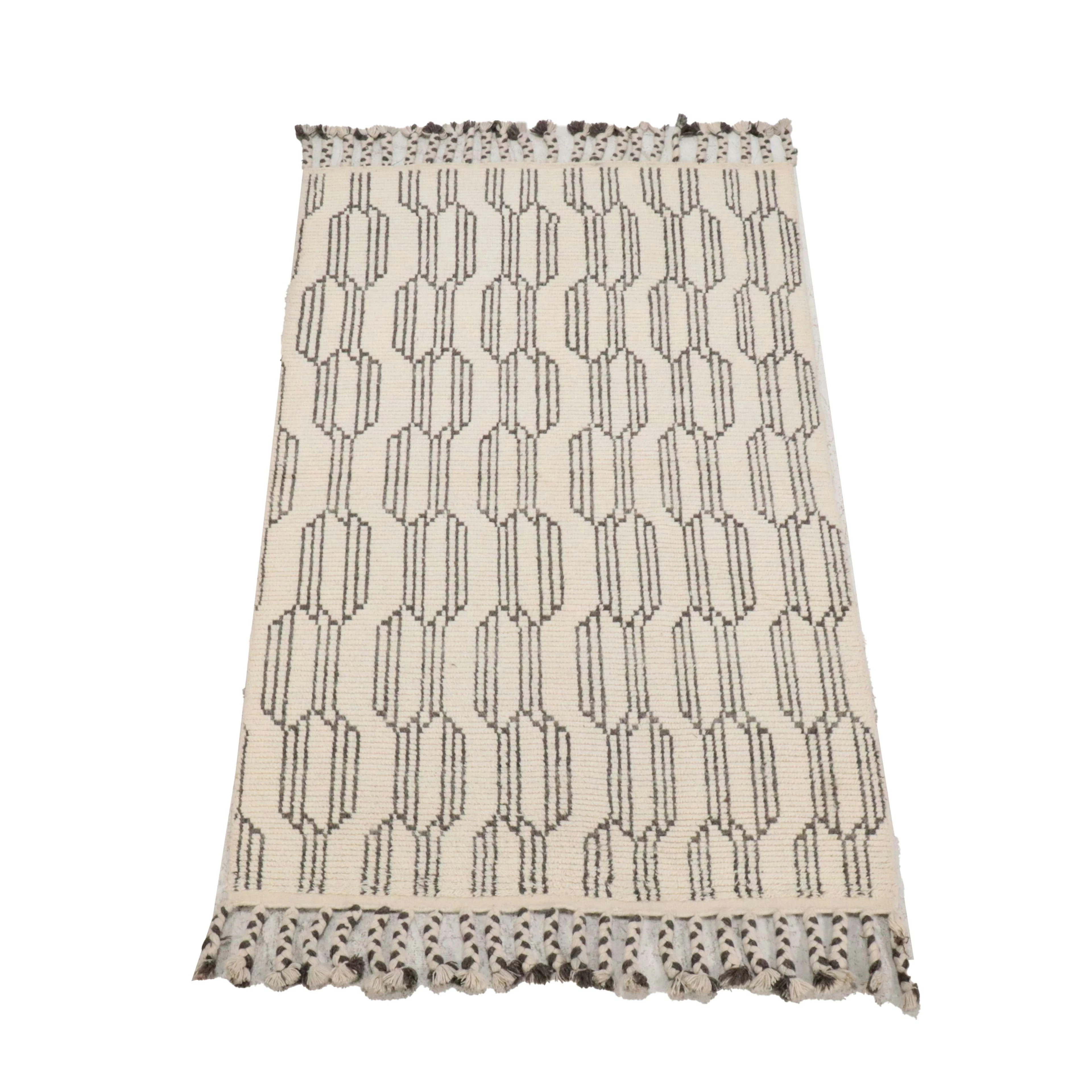 5'2 x 9'5 Hand-Knotted Moroccan Geometric Wool Area Rug with Braided Fringe
