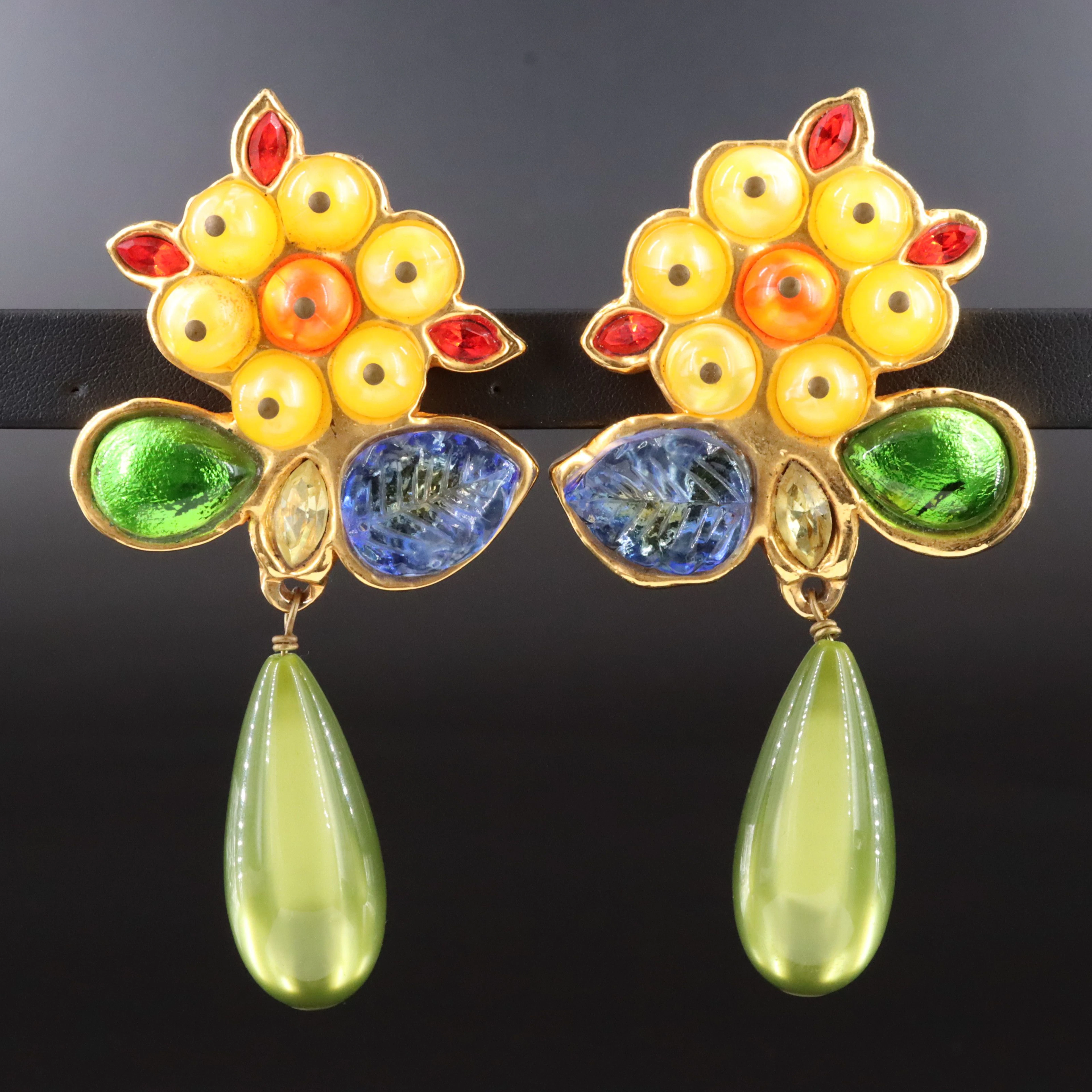 Chanel Gripoix Glass Fruit Cluster Clip Pendant Earrings 1988