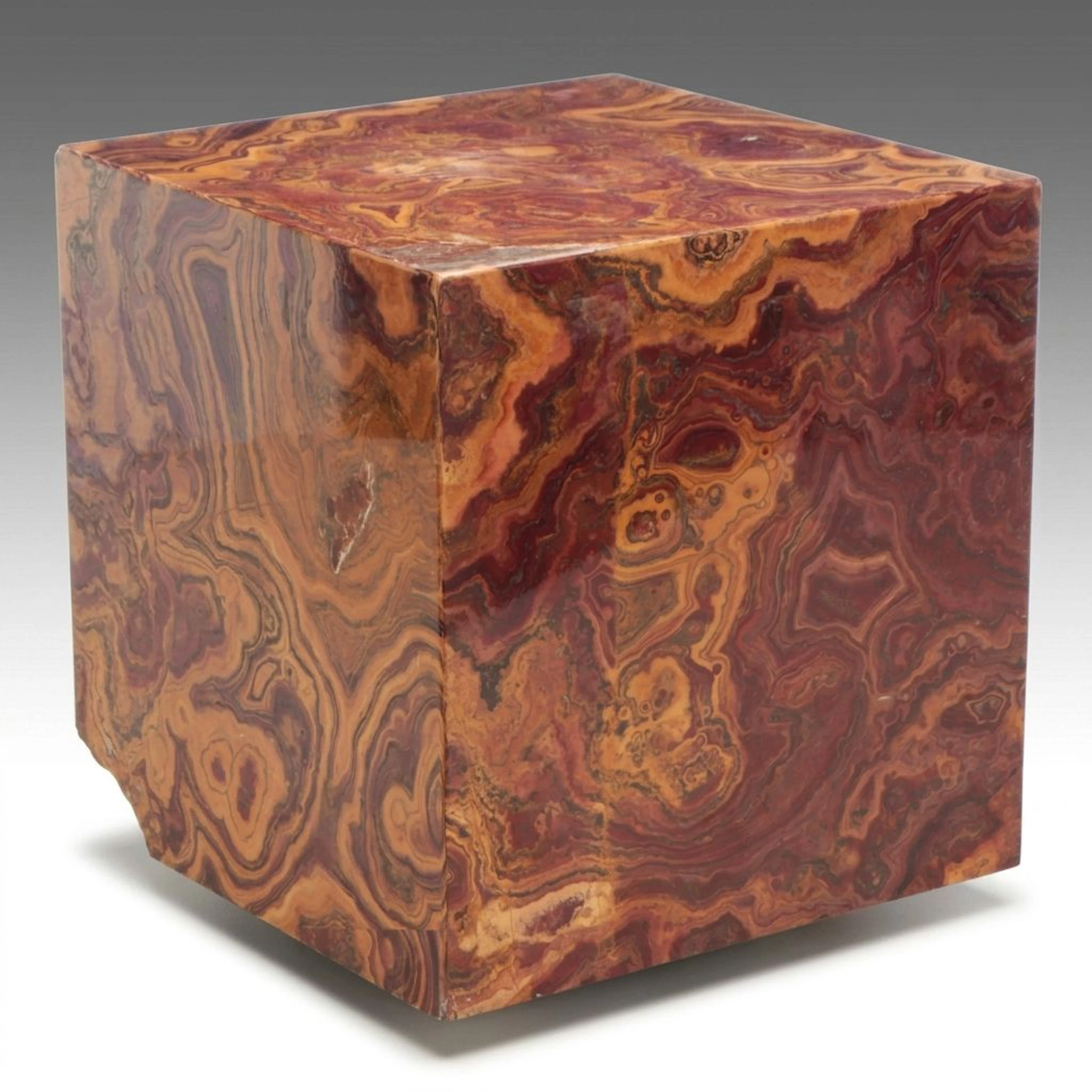 Banded Calcite Marble Slab Panel Cube Accent Table on Casters
