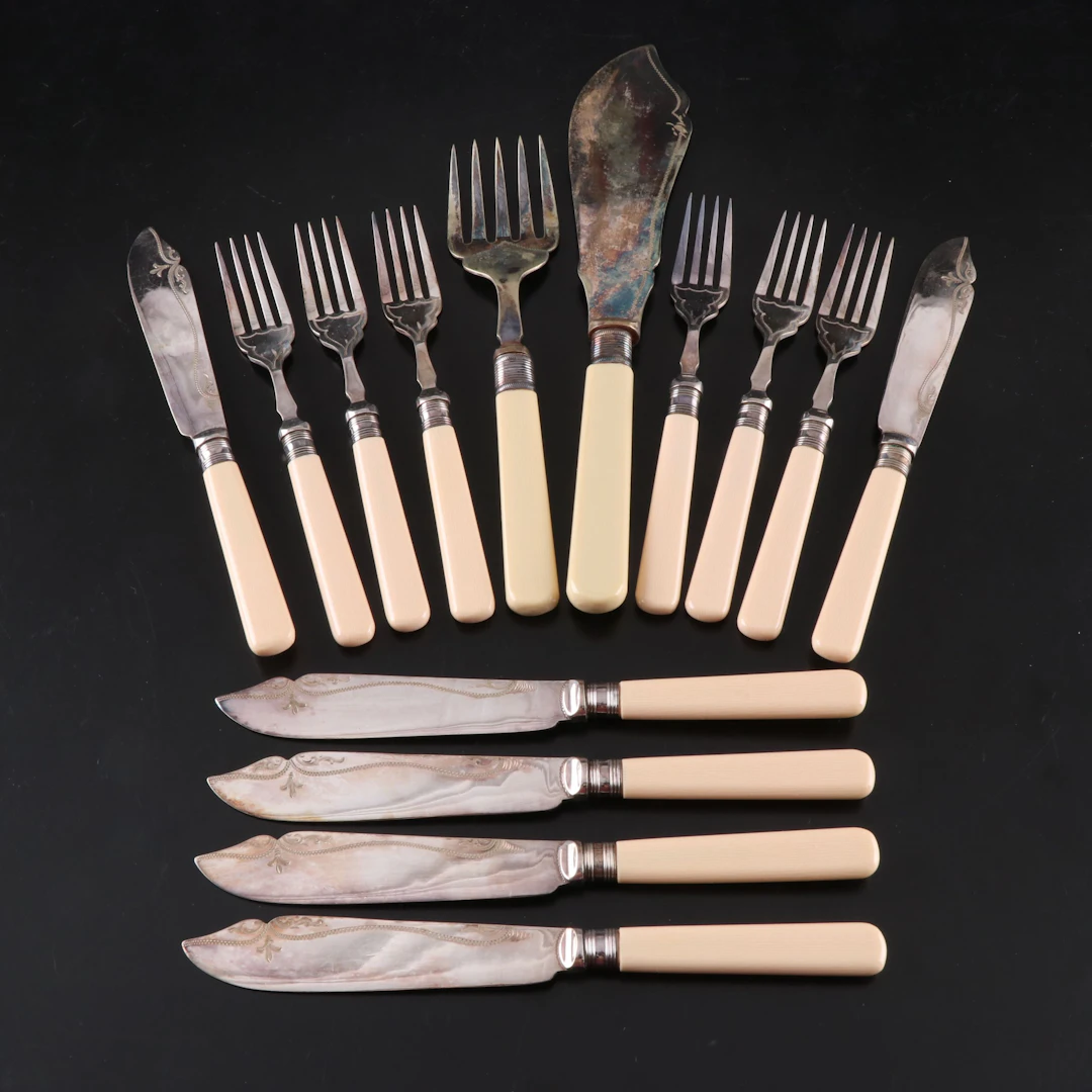 Silver Plate Fish Forks and Knives with Fish Serving Utensils, Vintage