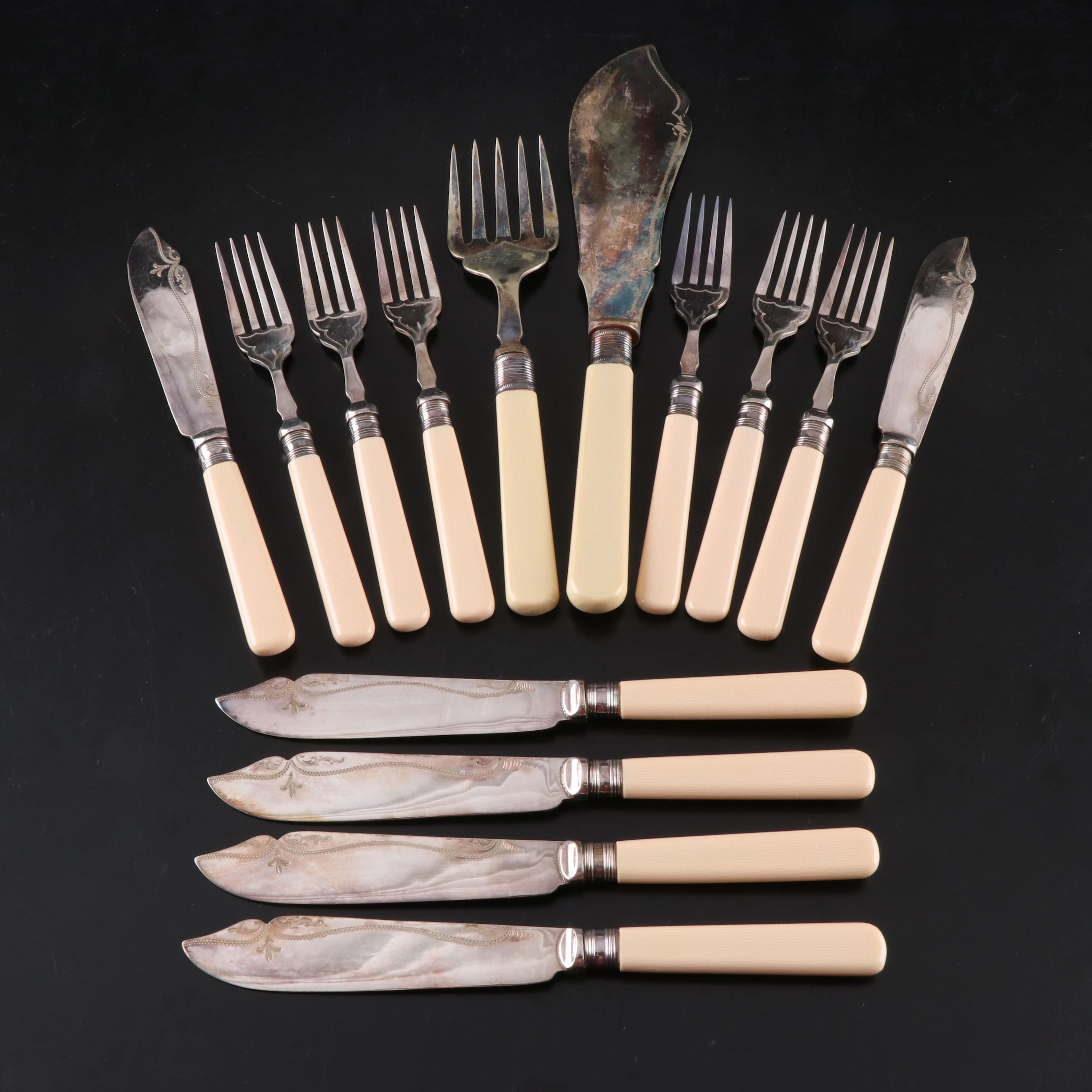 Silver Plate Fish Forks and Knives with Fish Serving Utensils, Vintage