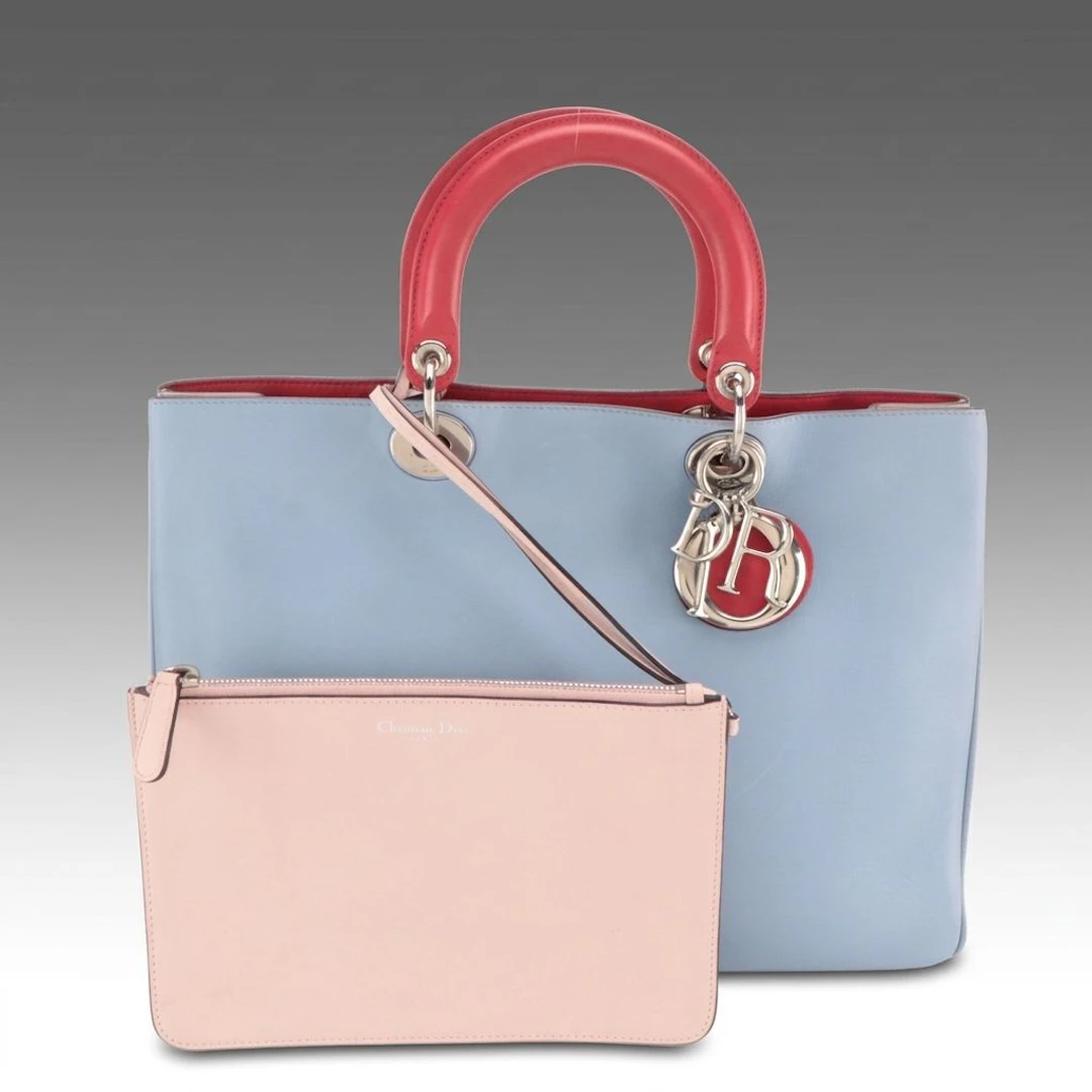 Christian Dior Diorissimo Shopper Tote & Zip Pouch in Tricolor Calfskin Leather