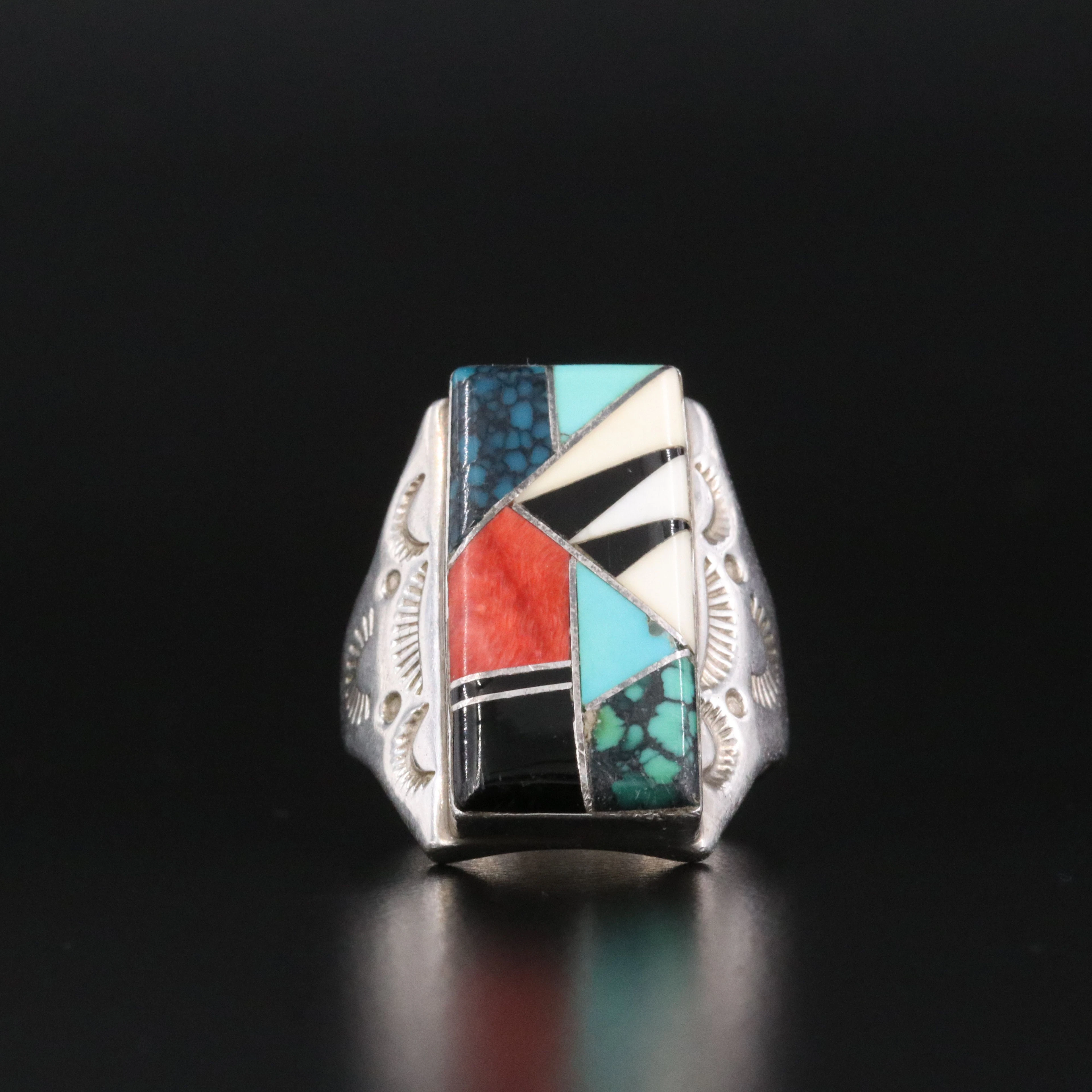 Southwestern Sterling Gemstone Inlay Ring with Stampwork