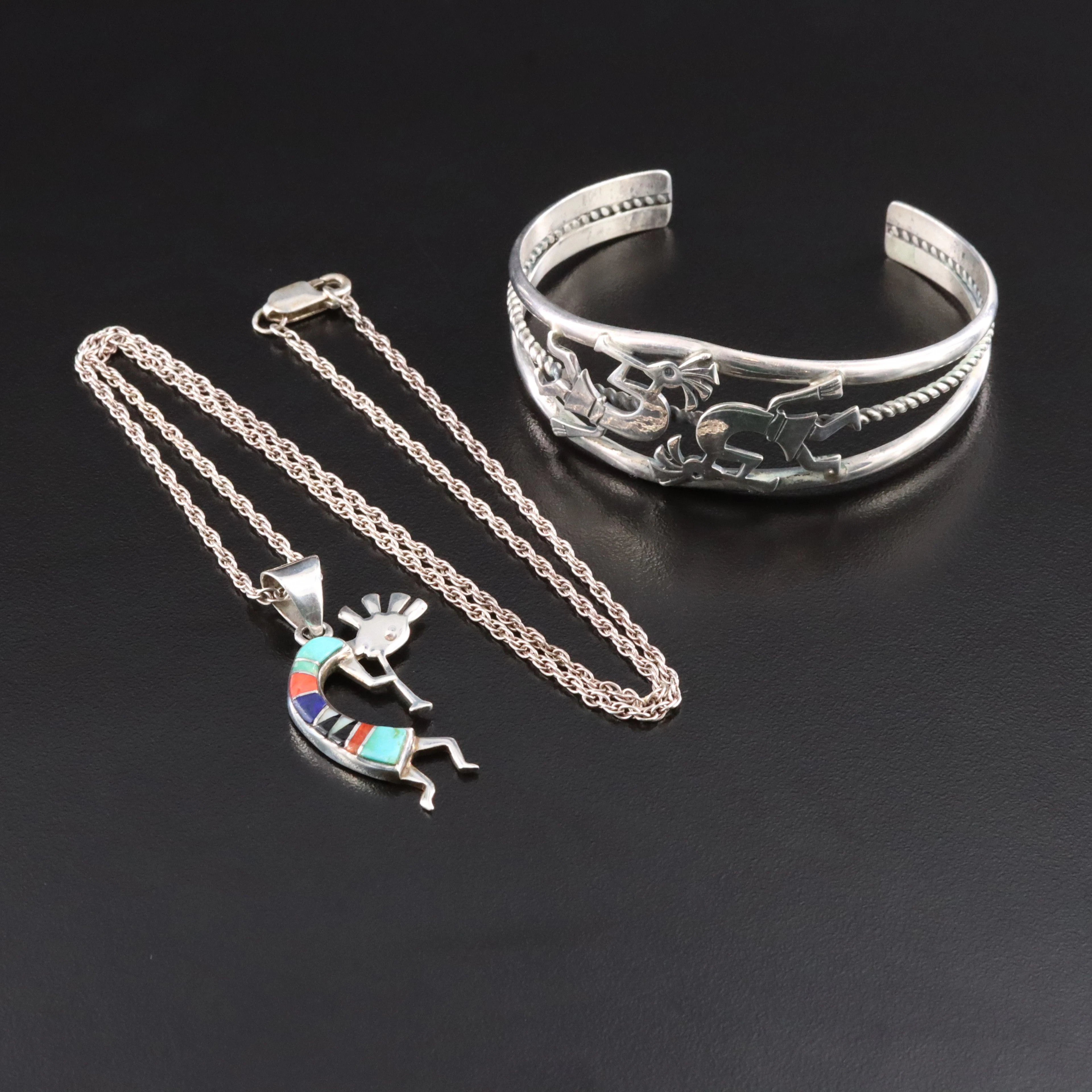 Ella Peter Navajo Diné & B.G. Mudd Shop Sterling Kokopelli Cuff & Necklace