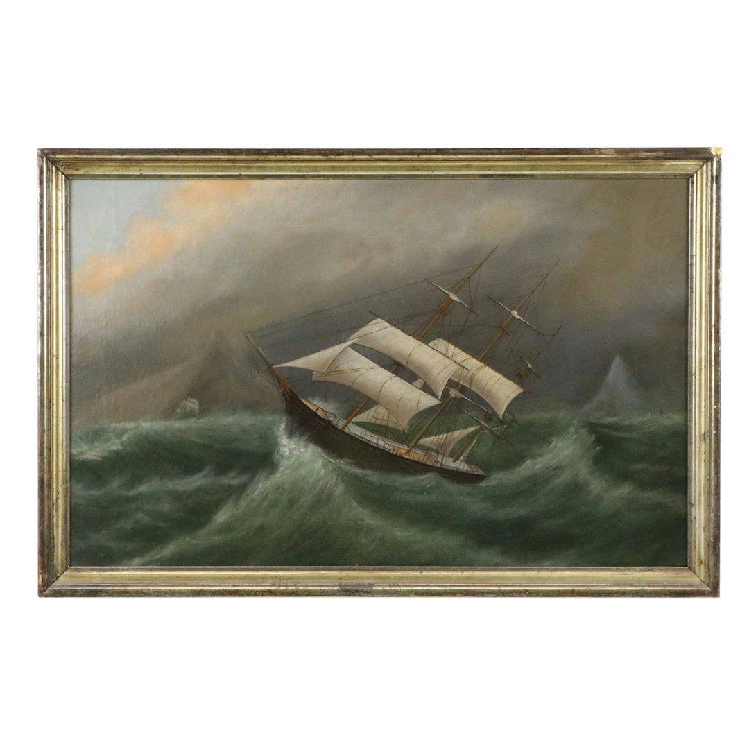 Naval Oil Painting of Ship in Stormy Water, Late 19th Century