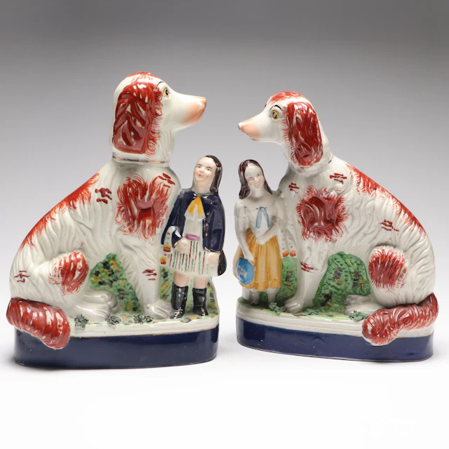 Staffordshire English Earthenware Spaniels with Children, Mid to Late 19th C.