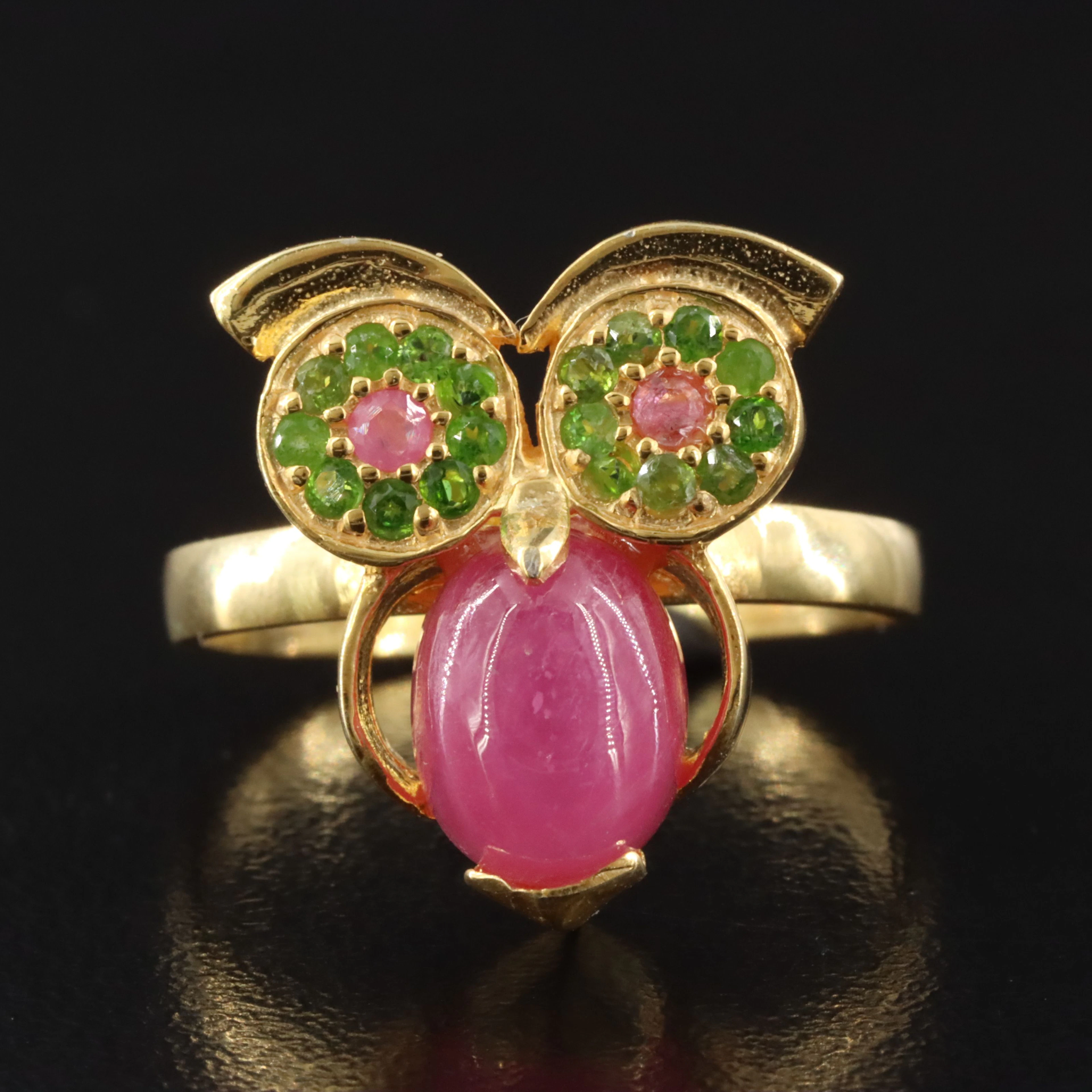 Sterling Ruby and Chrome Diopside Gold Tone Owl Ring