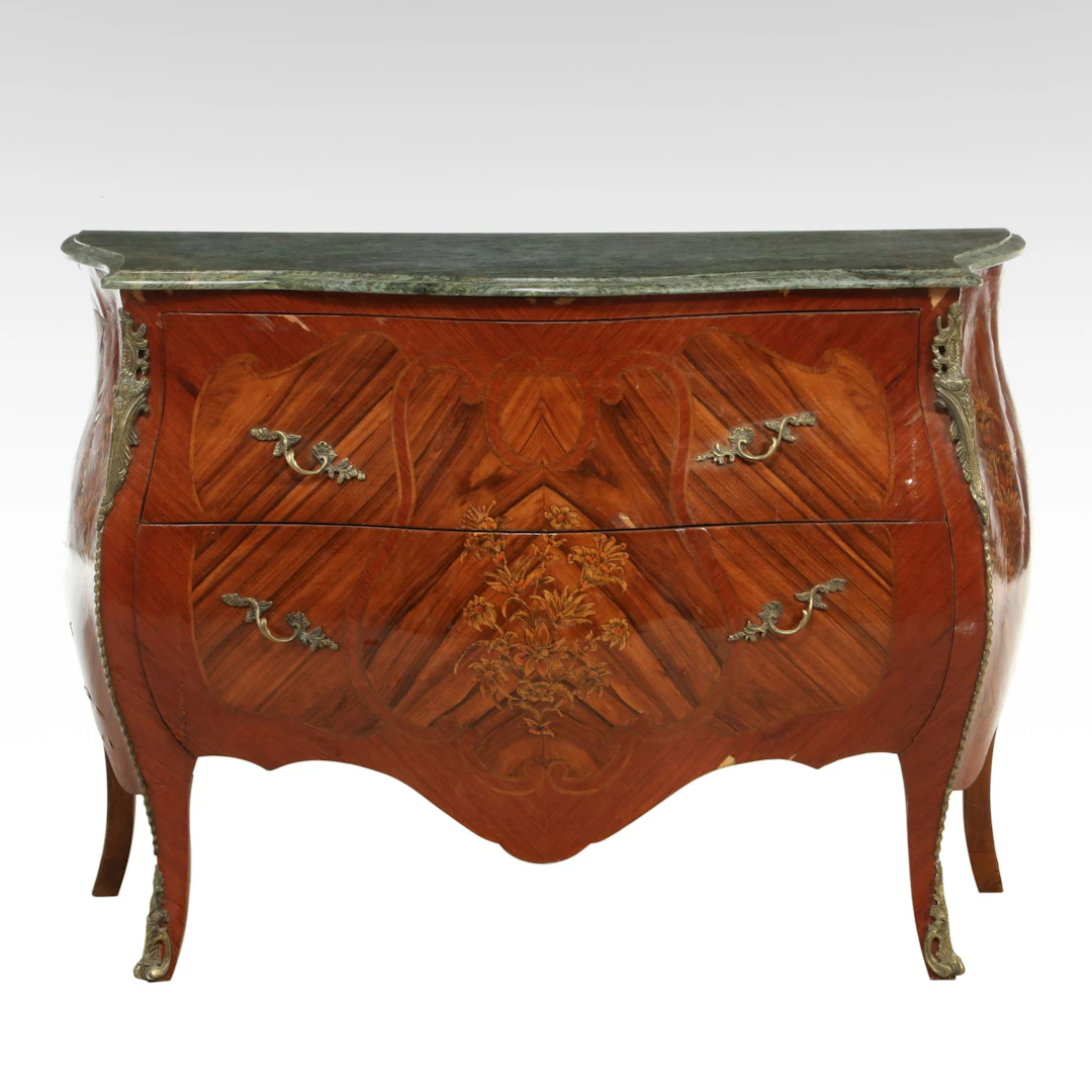 Louis XV Style Gilt Metal, Marquetry, and Penwork Bombé Commode with Marble Top