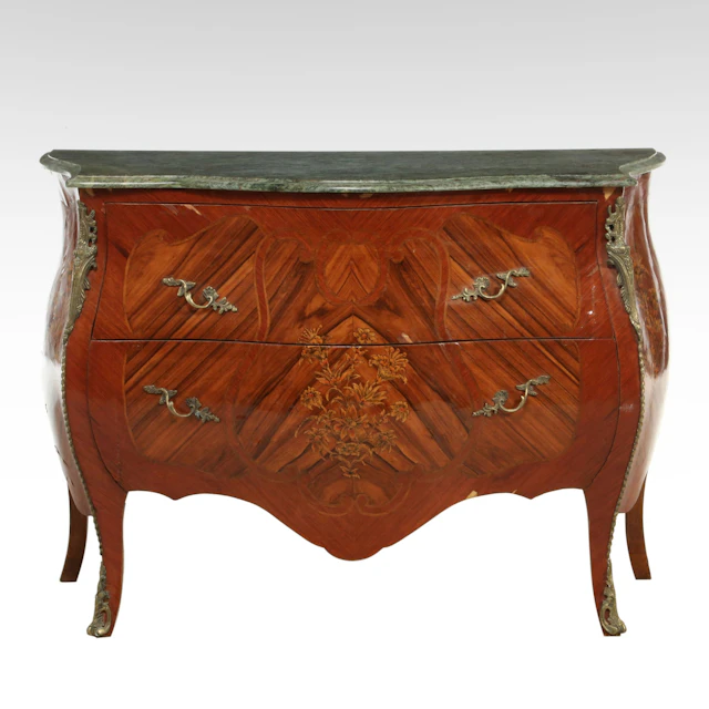 Louis XV Style Gilt Metal, Marquetry, and Penwork Bombé Commode with Marble Top