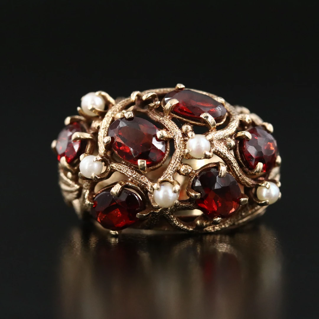 14K Garnet and Seed Pearl Foliate Ring