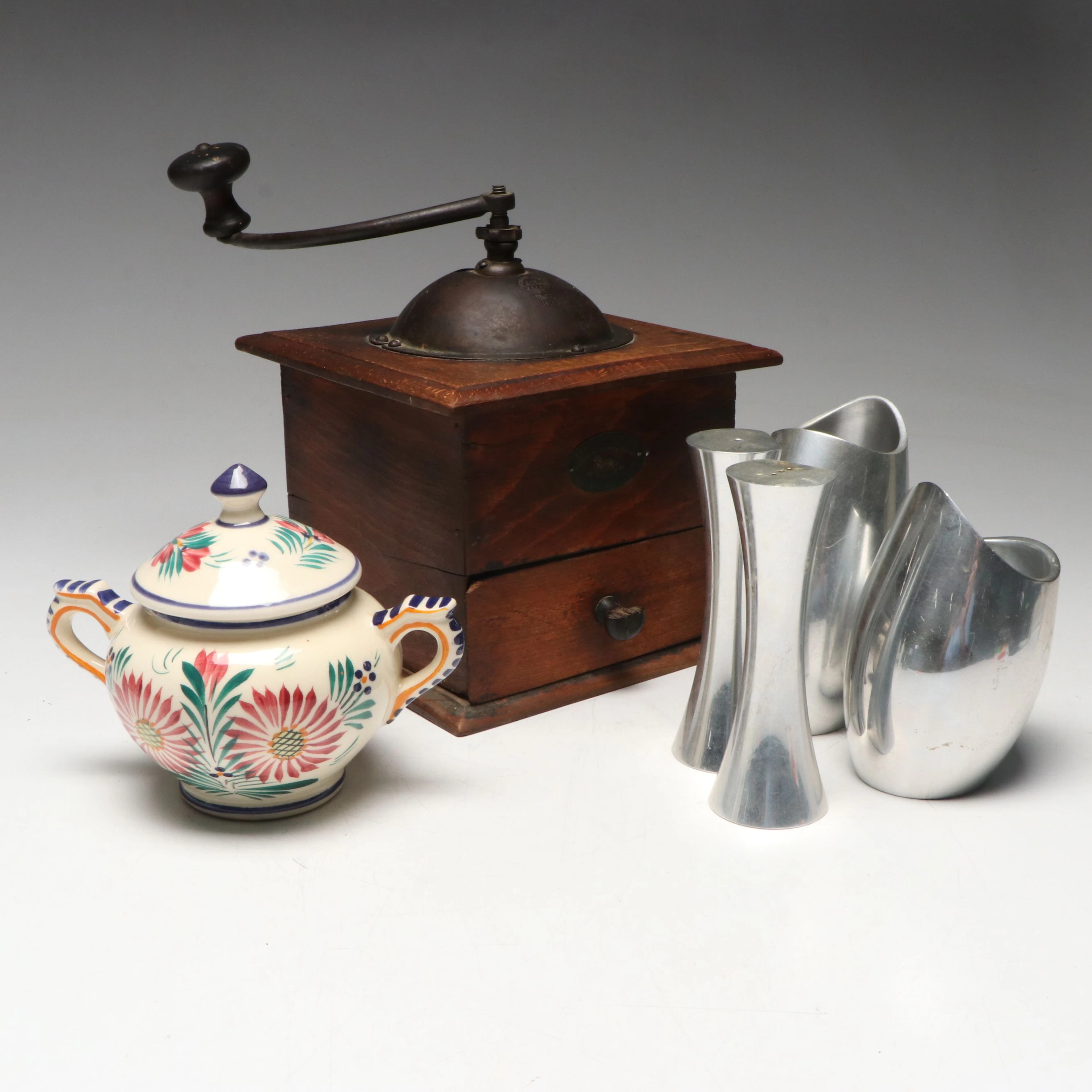 Peugeot Freres Coffee Grinder, Nambé Shakers and Vase, and Quimper Sugar Bowl