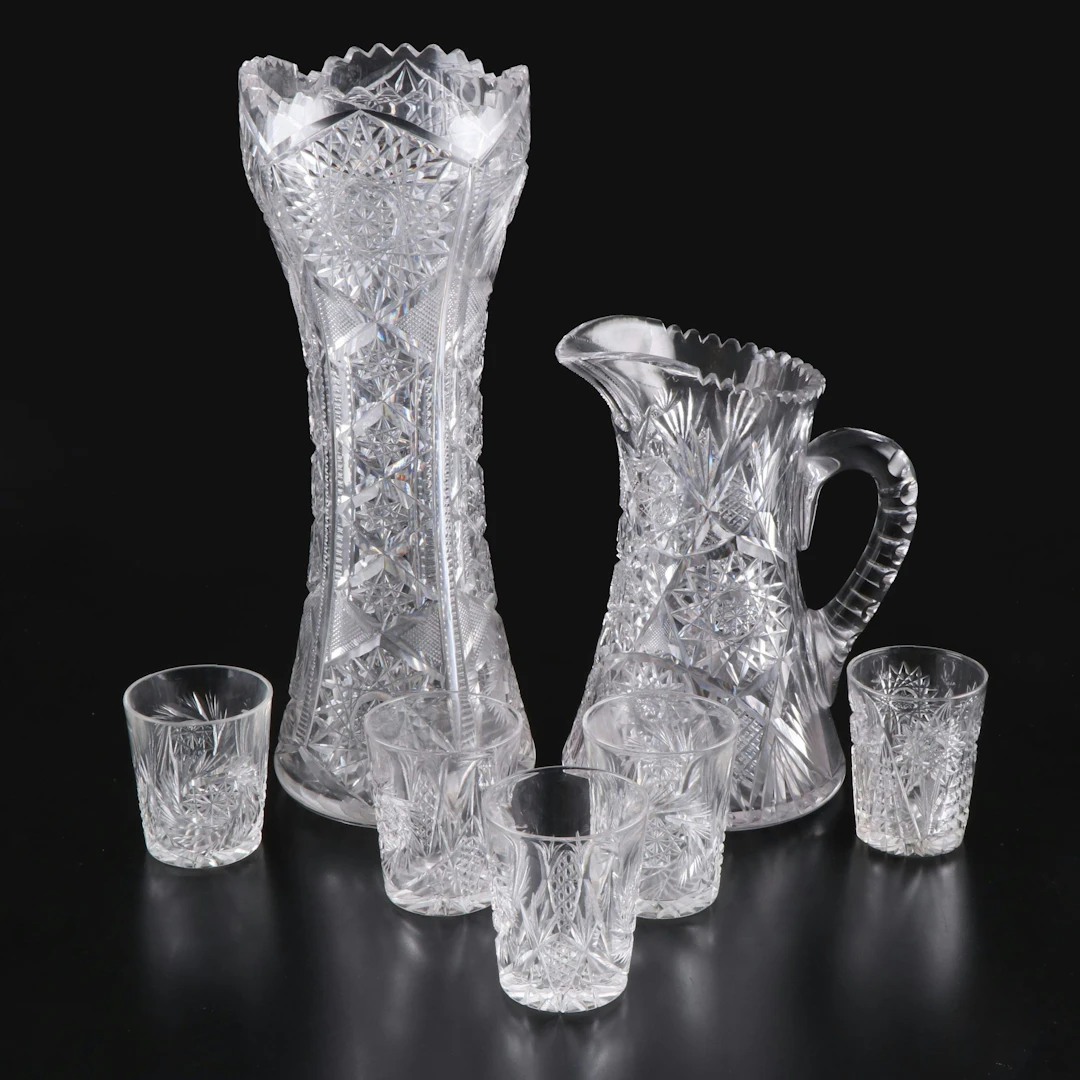 American Brilliant Style Cut Crystal Pitcher, Vase and Cocktail Glasses