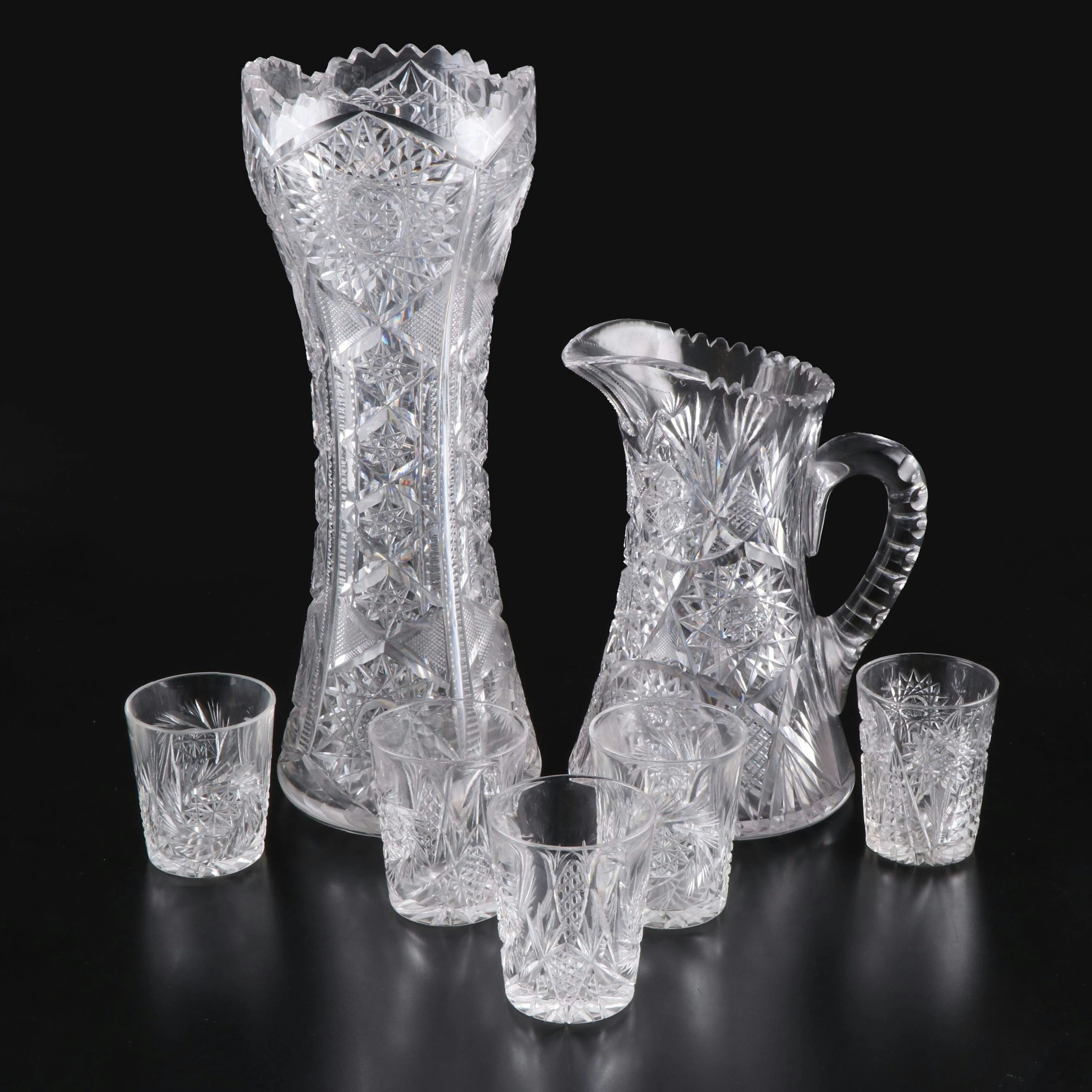 American Brilliant Style Cut Crystal Pitcher, Vase and Cocktail Glasses