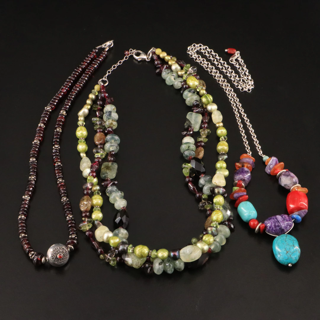 Sterling Necklaces Including Coral, Garnet, and Pearl