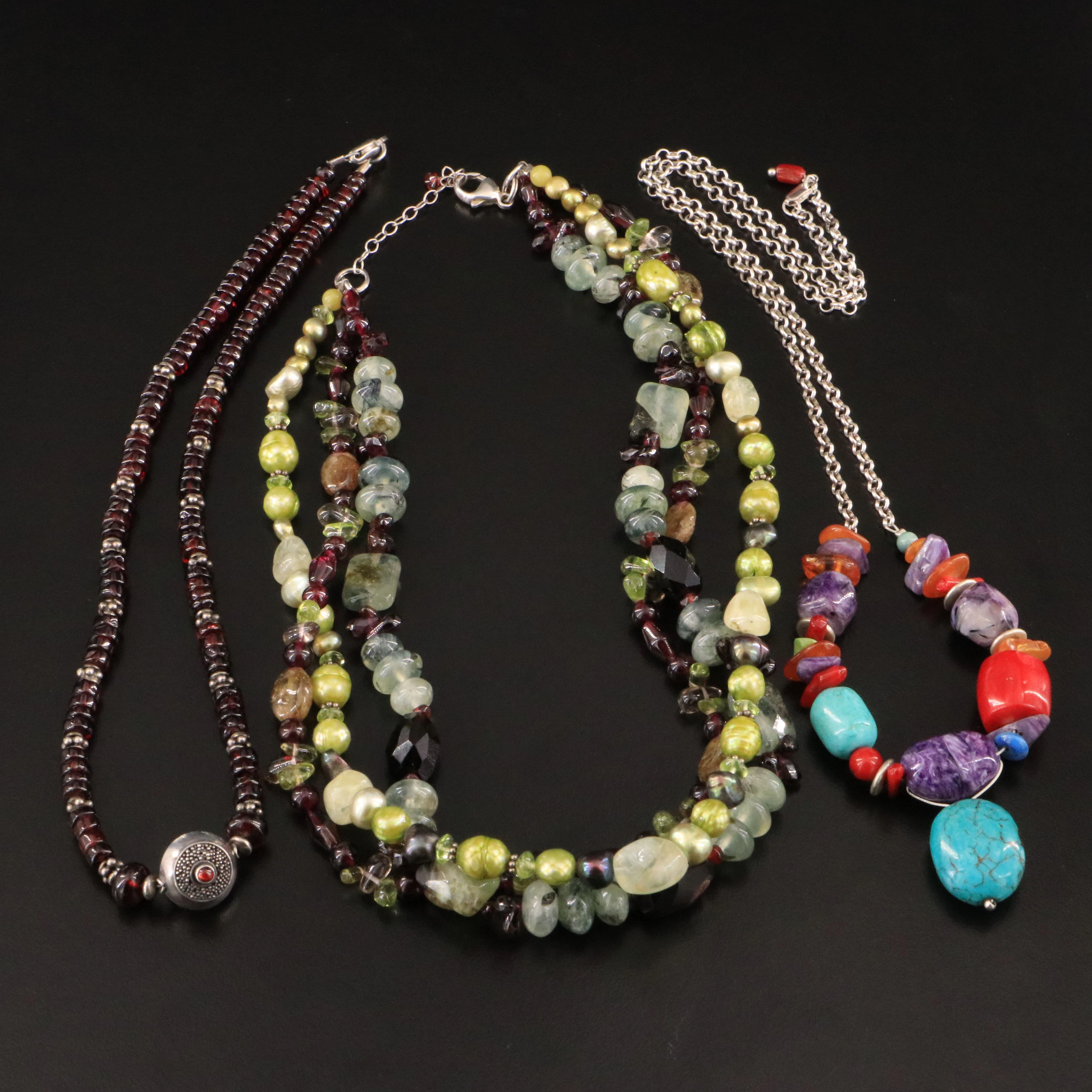 Sterling Necklaces Including Coral, Garnet, and Pearl