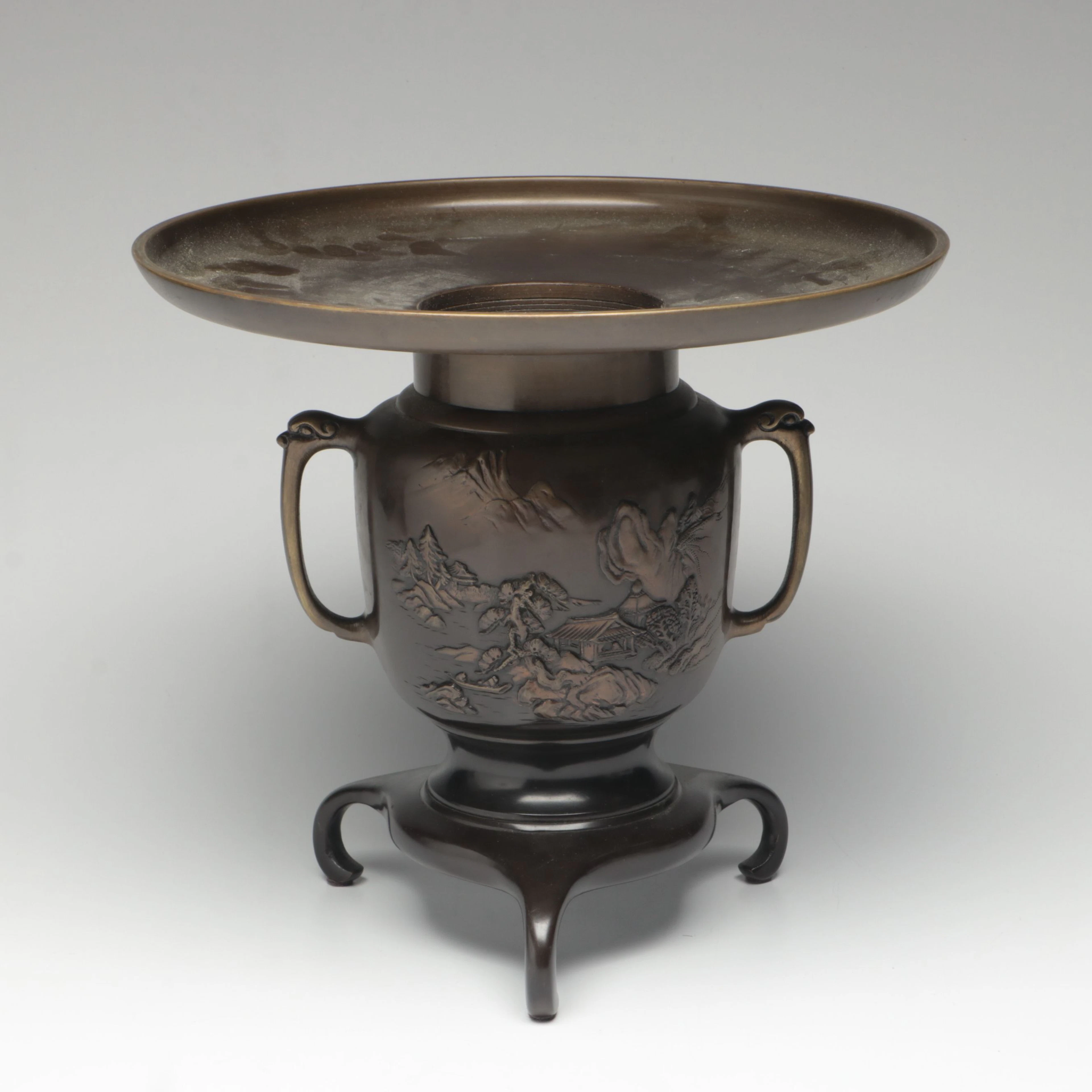 Japanese Patinated Brass Embossed Mountainous Landscape Usubata Ikebana Vase
