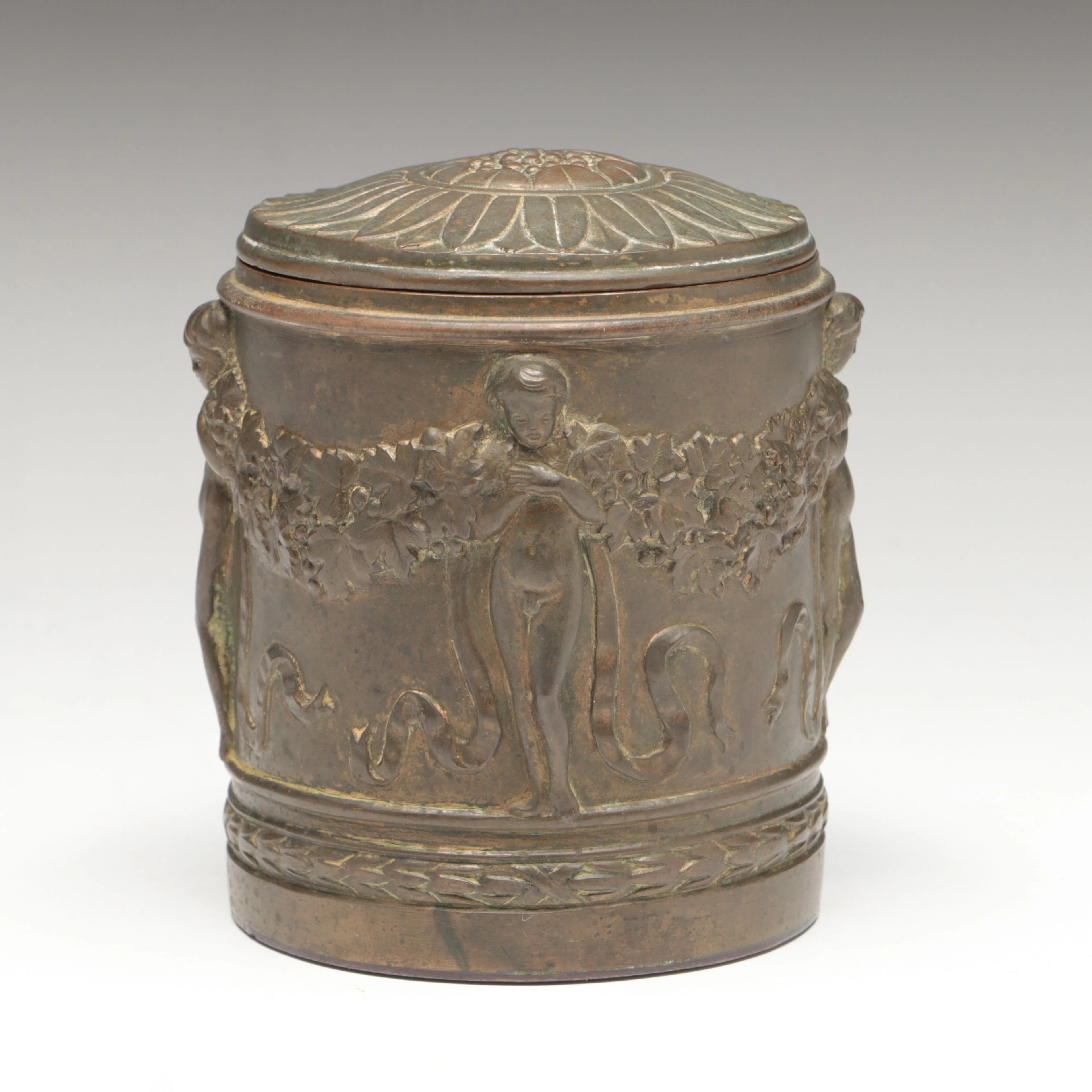 European Art Nouveau Style Embossed Bronze Tobacco Jar, Antique
