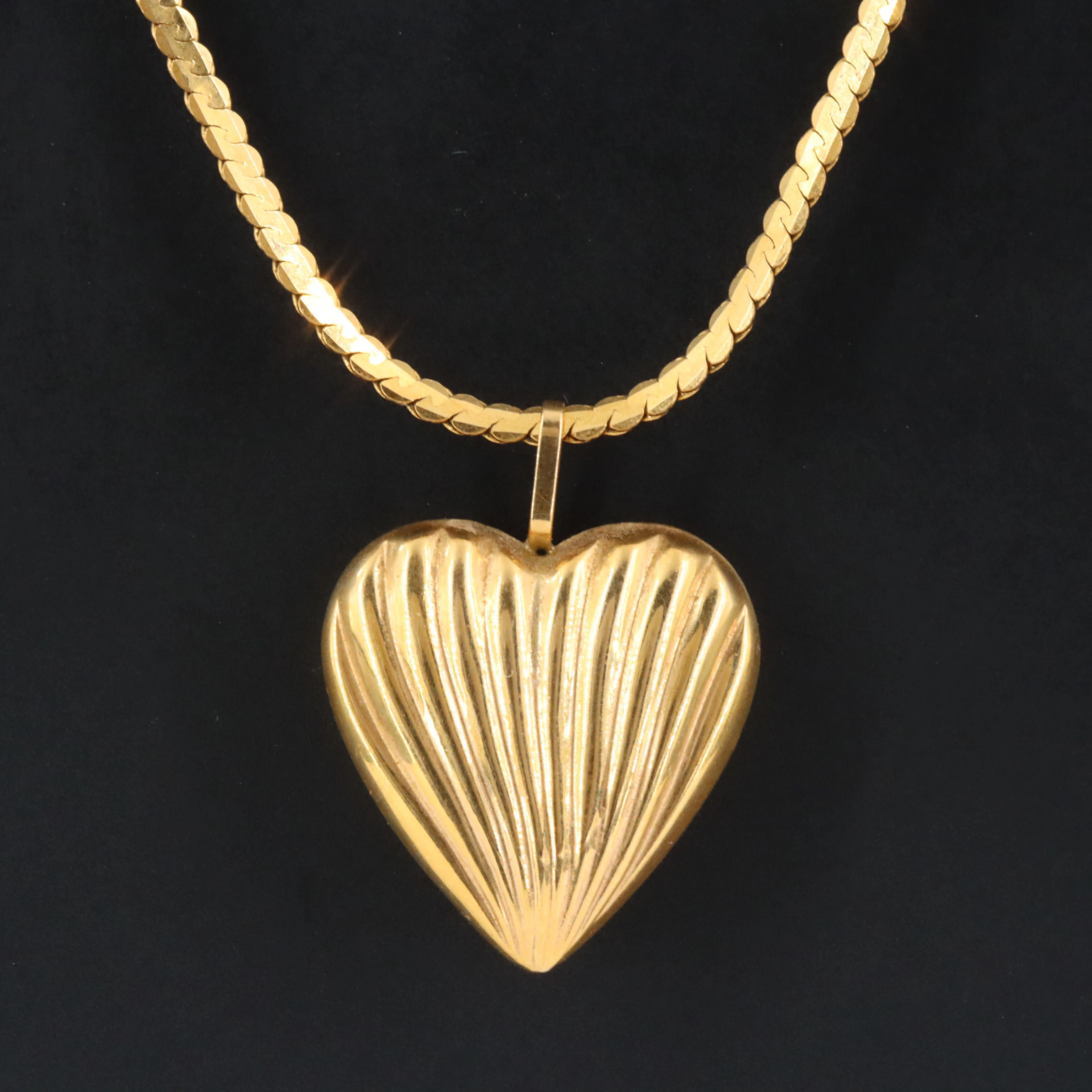 14K Fluted Puff Heart Pendant on Serpentine Chain Necklace