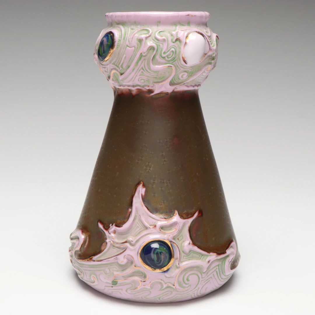 Didier Saba Biot Art Nouveau Style Glass Vase with Glass Cabochons