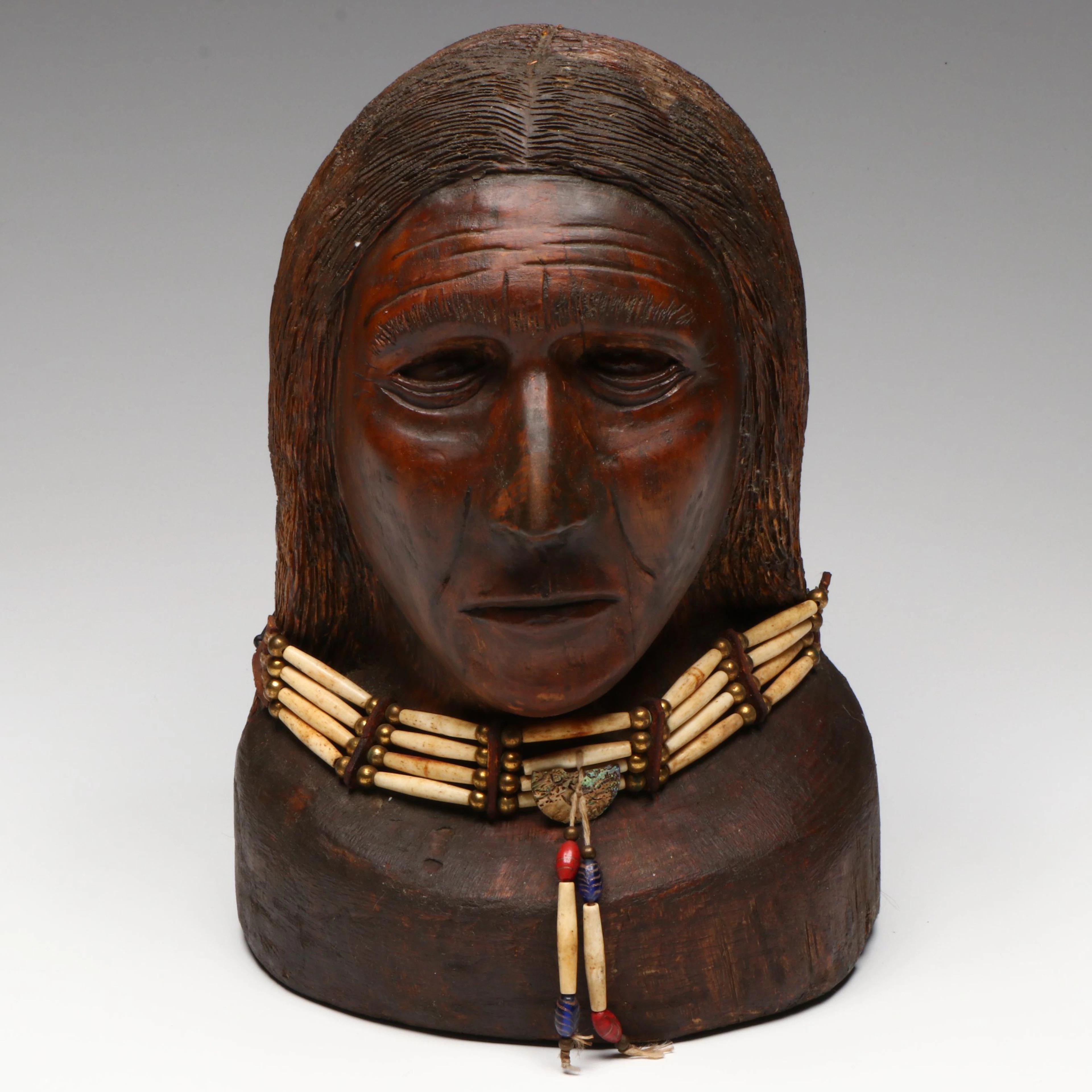 Carved Wood Bust of Indigenous Man with Northern Plains Style Bone Choker