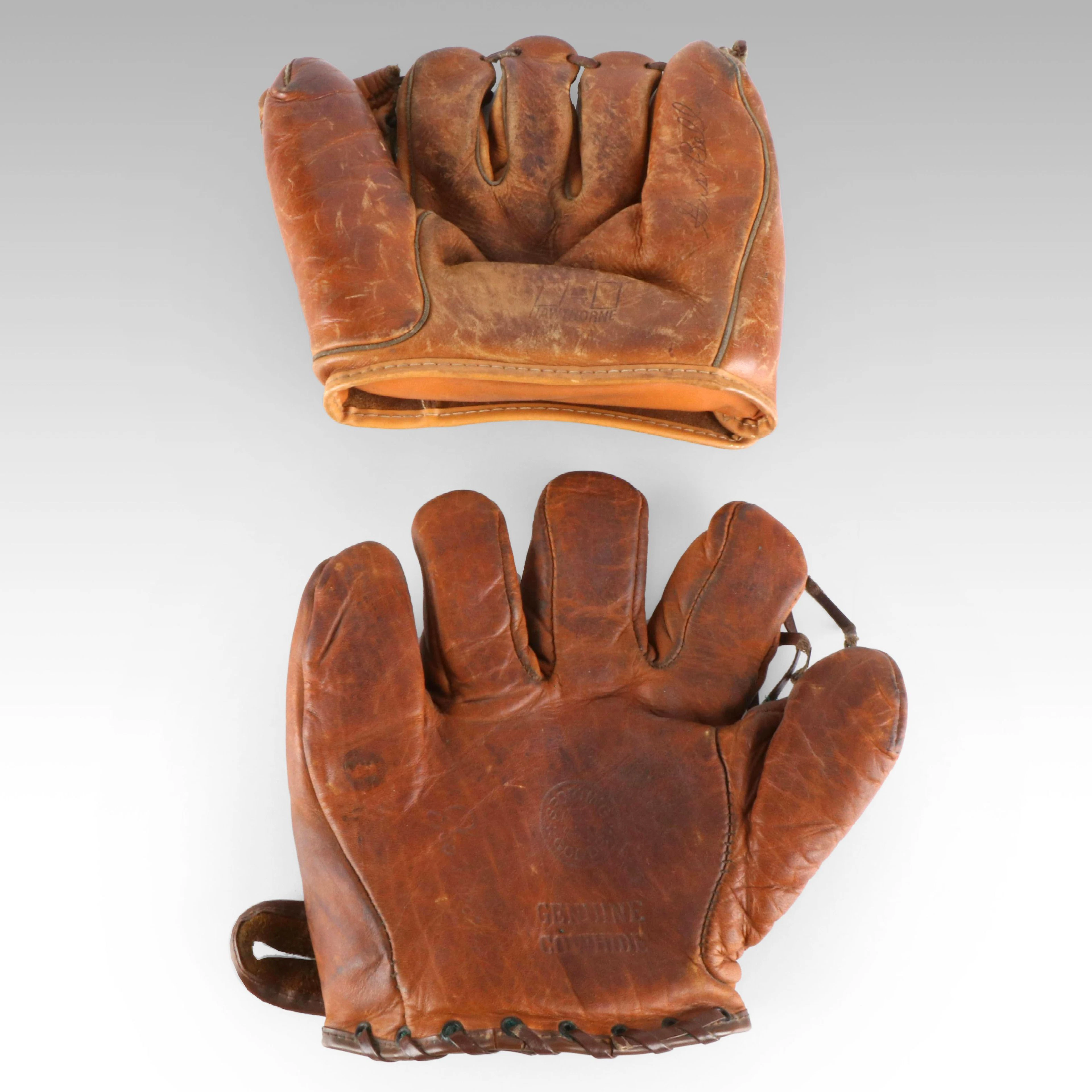 Two Vintage Leather Baseball Gloves, Joe Medwick and Gus Bell Models, 1940s-50s
