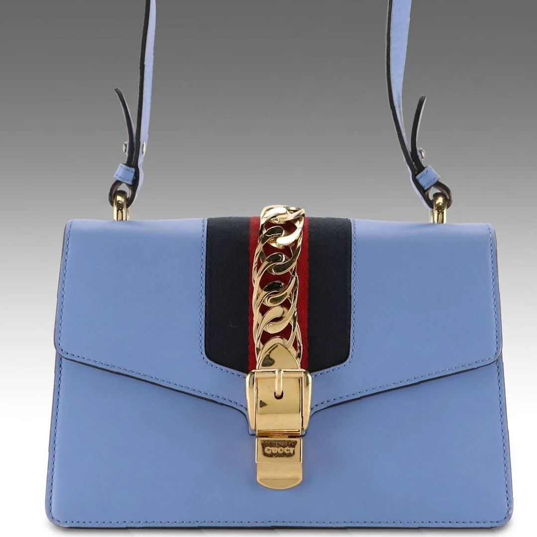 Gucci Medium Sylvie Shoulder Bag in Web Striped Blue Calfskin Leather